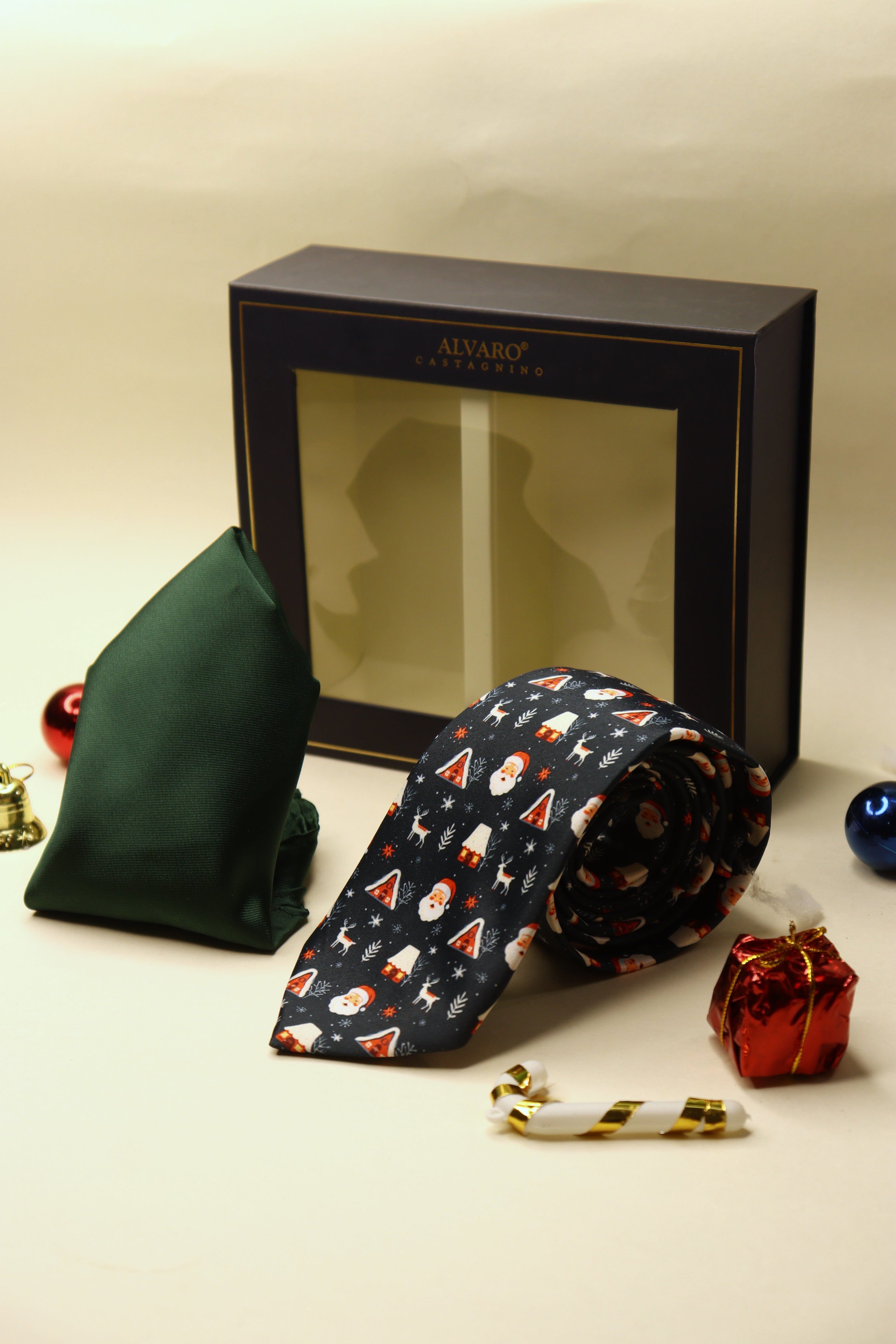 Santa Dark Blue Necktie & Green Pocket Square Gift Set