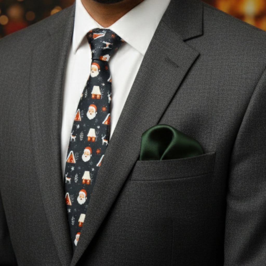 Santa Dark Blue Necktie & Green Pocket Square Gift Set
