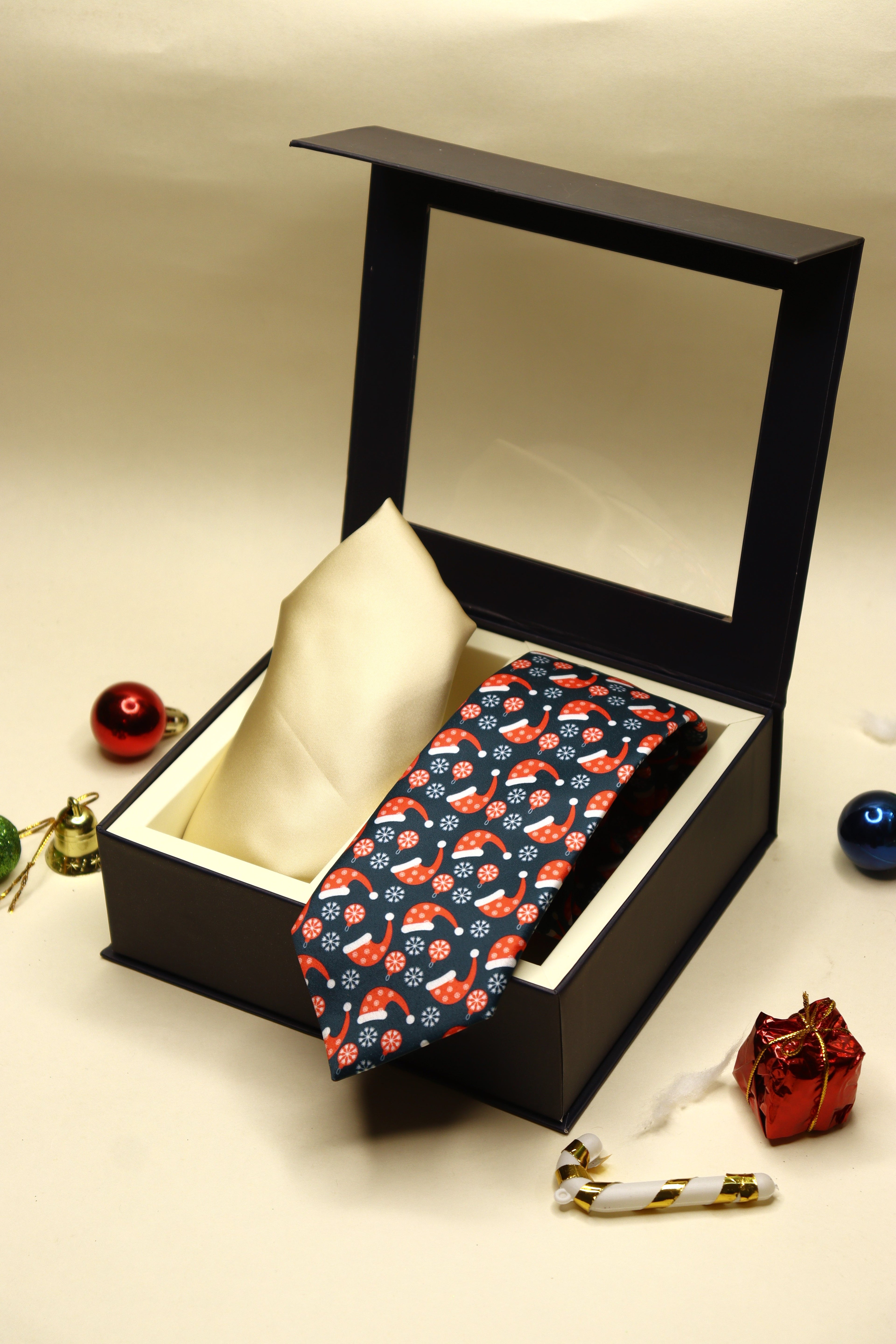 Santa Dark Blue Necktie & Off-White Pocket Square Gift Set