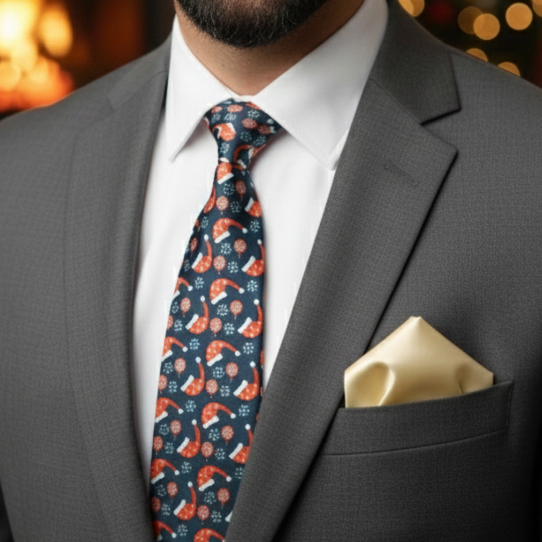 Santa Dark Blue Necktie & Off-White Pocket Square Gift Set