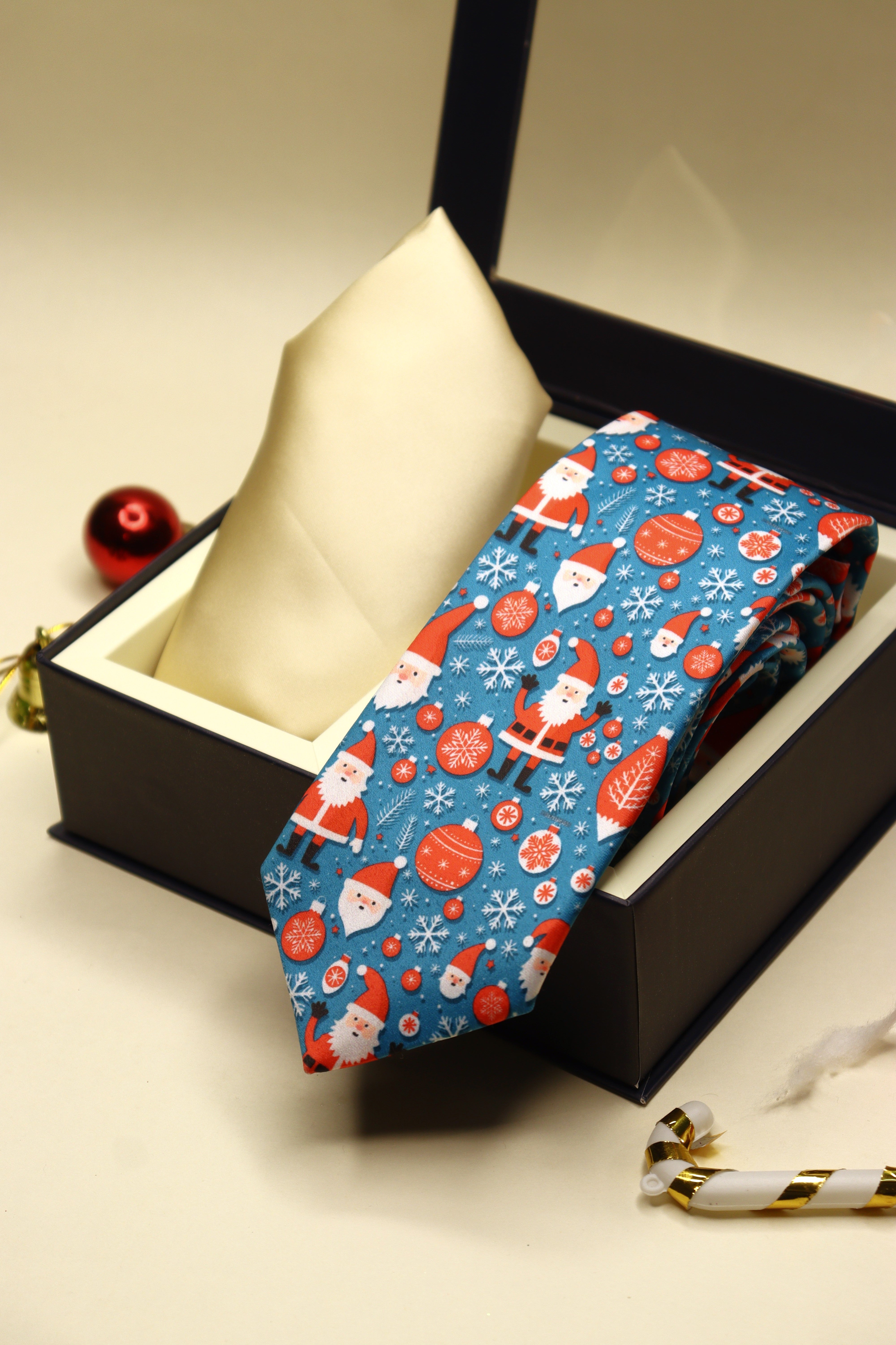 Santa Snowflake Blue Necktie & Off-White Pocket Square Gift Set