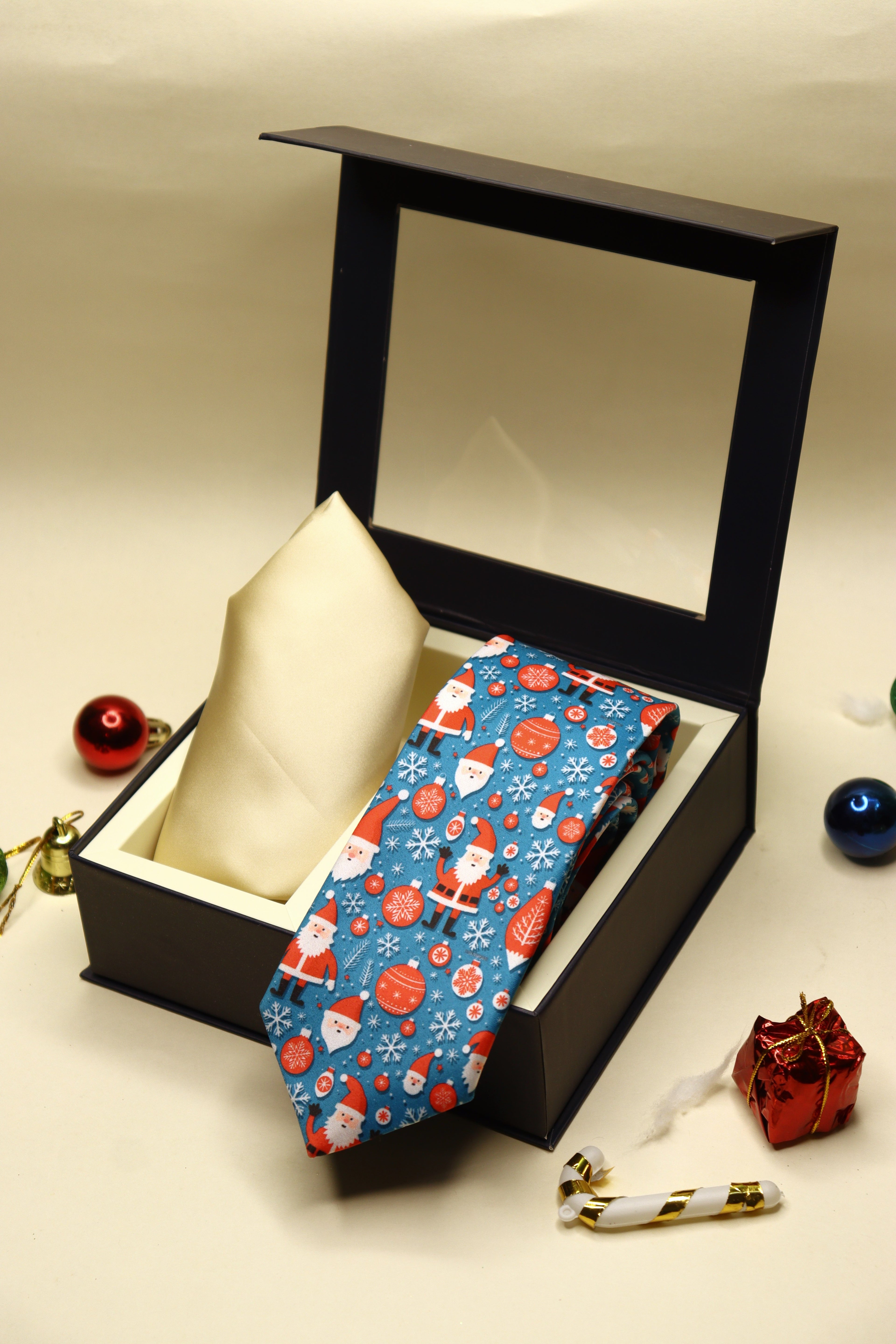 Santa Snowflake Blue Necktie & Off-White Pocket Square Gift Set