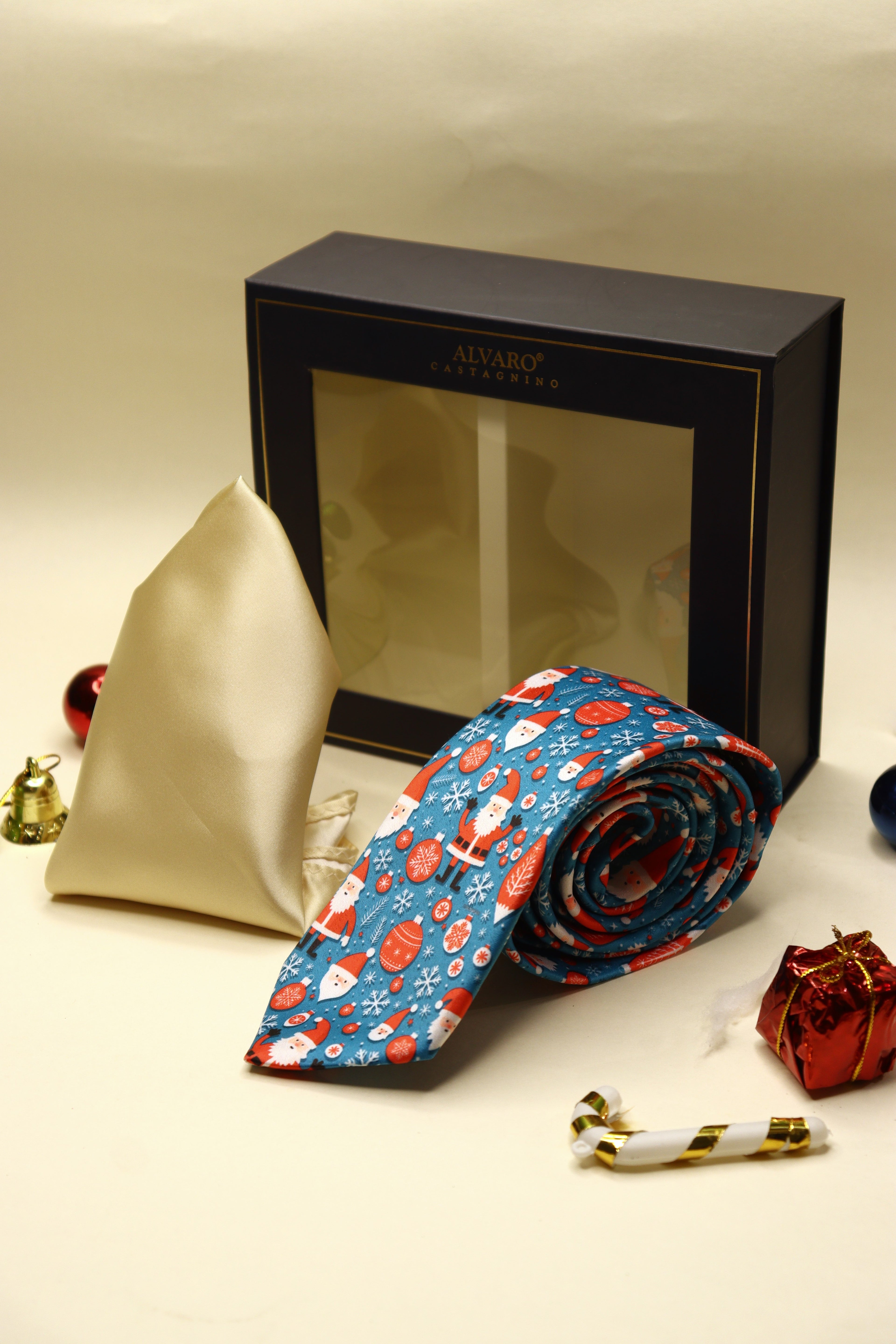Santa Snowflake Blue Necktie & Off-White Pocket Square Gift Set