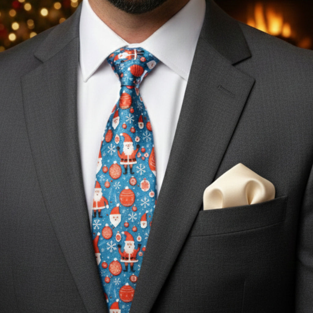 Santa Snowflake Blue Necktie & Off-White Pocket Square Gift Set