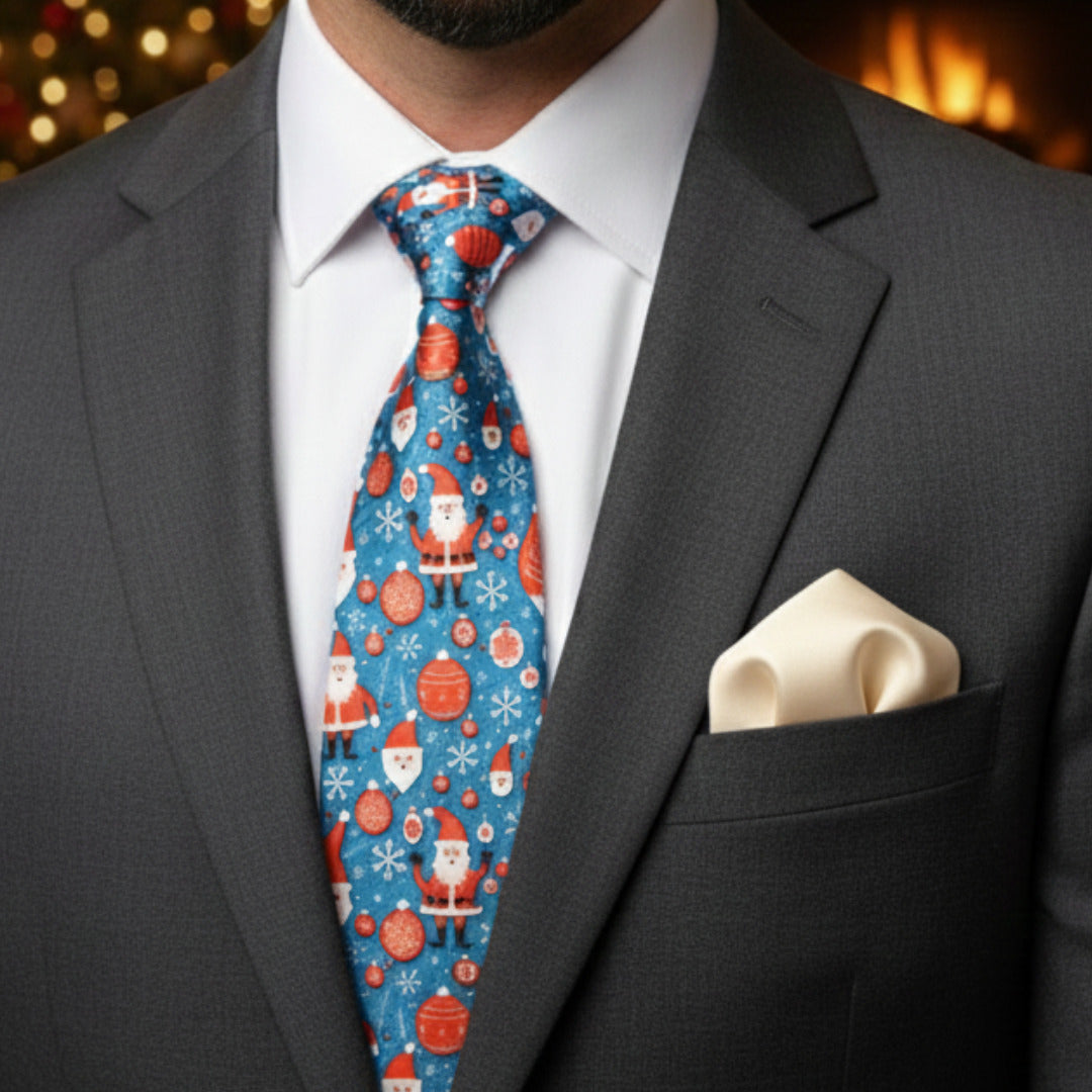 Santa Snowflake Blue Necktie & Off-White Pocket Square Gift Set