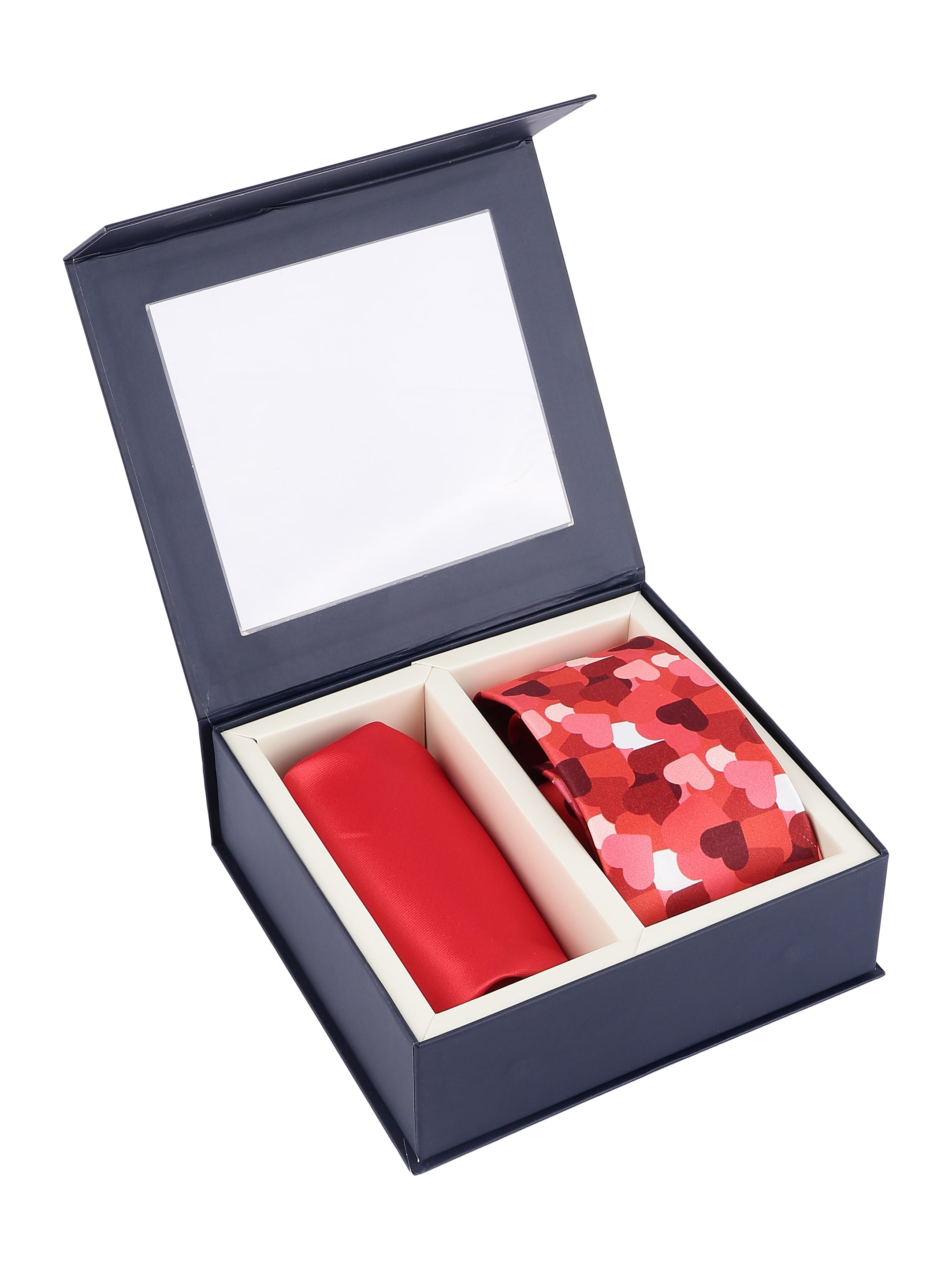 Red Heart Print Necktie with Pocket Square Valentine Gift Set