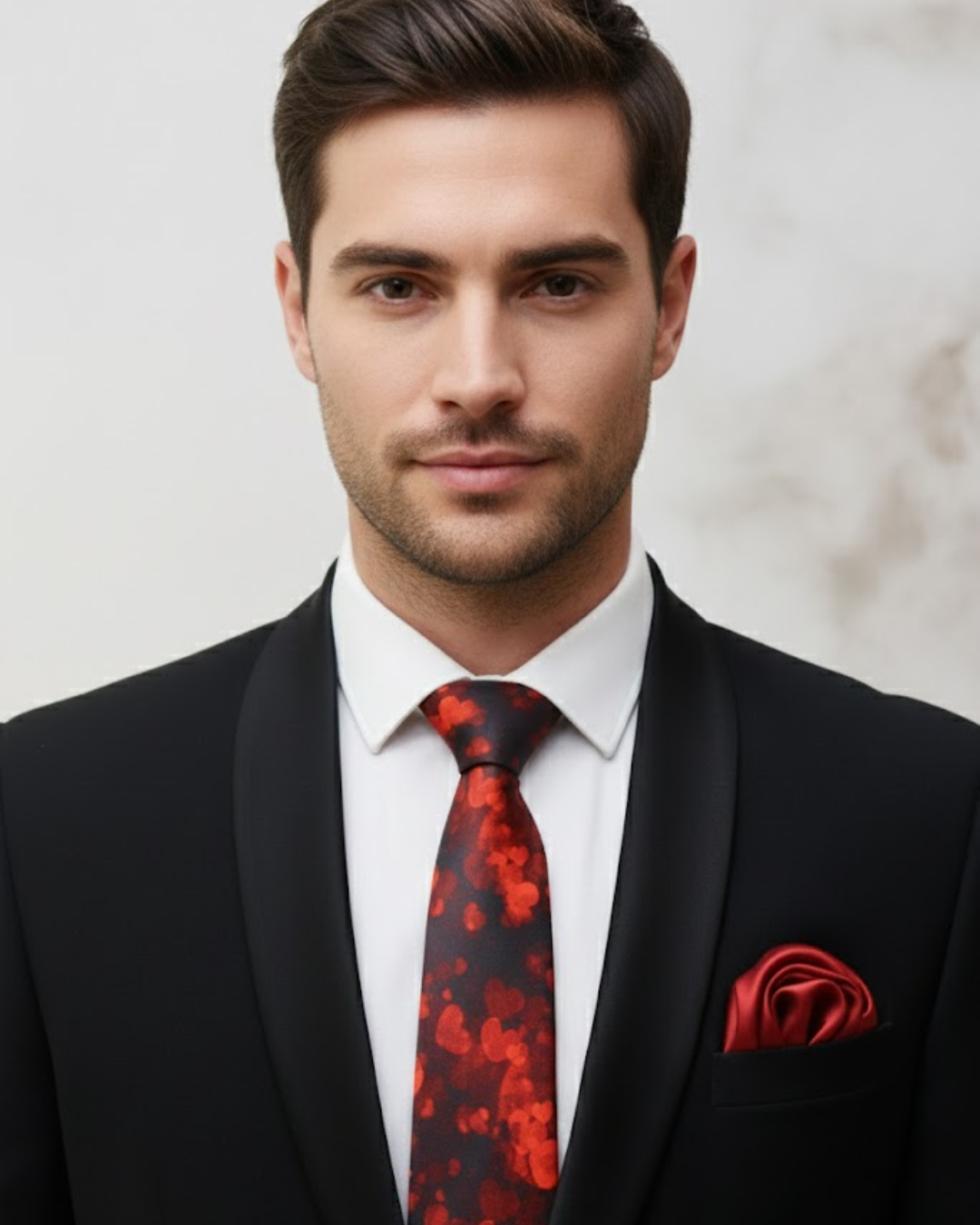 Man wearing a black suit with a red valentine tie and pocket square .