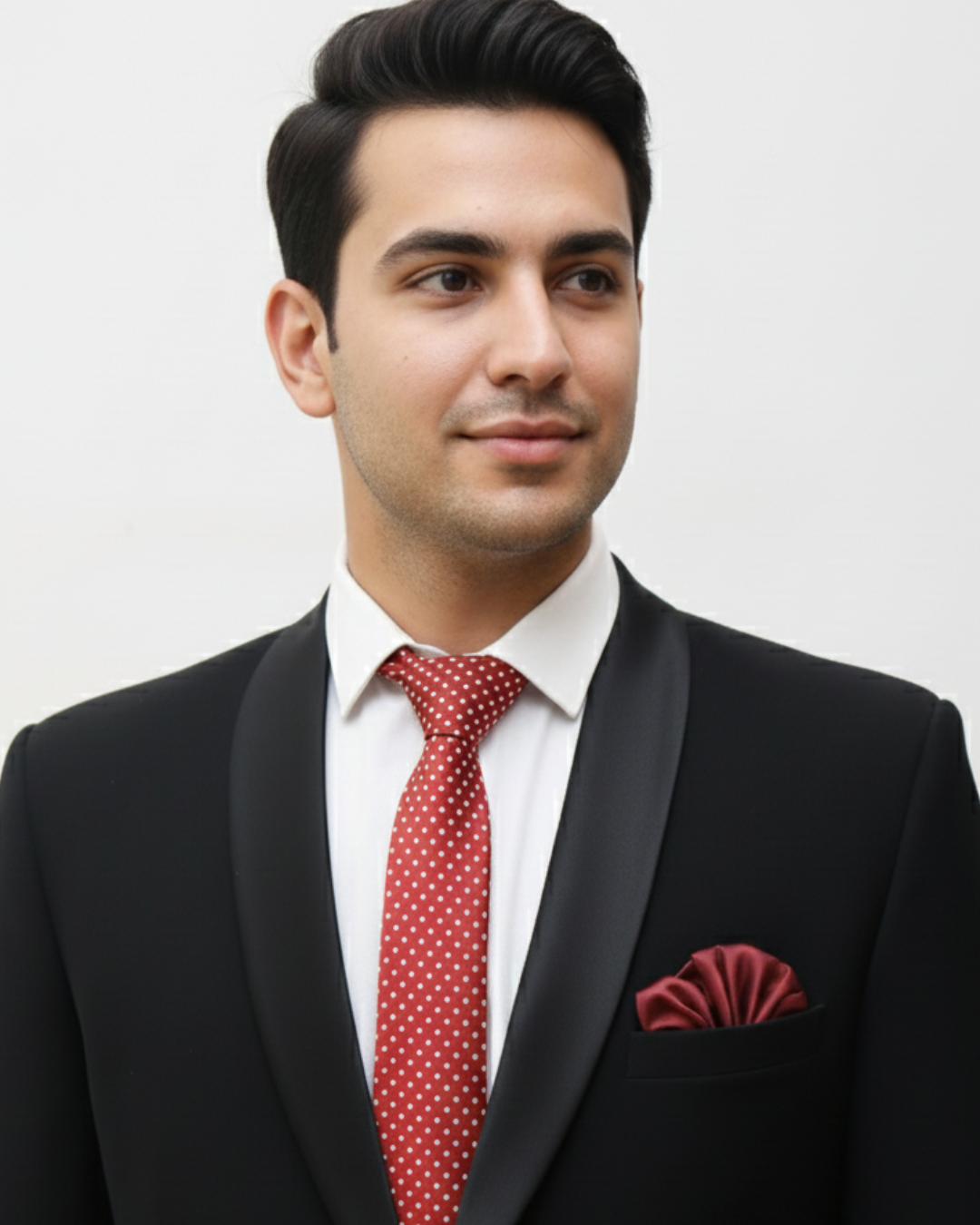 Man wearing a black suit with a red valentine tie and matching pocket square .