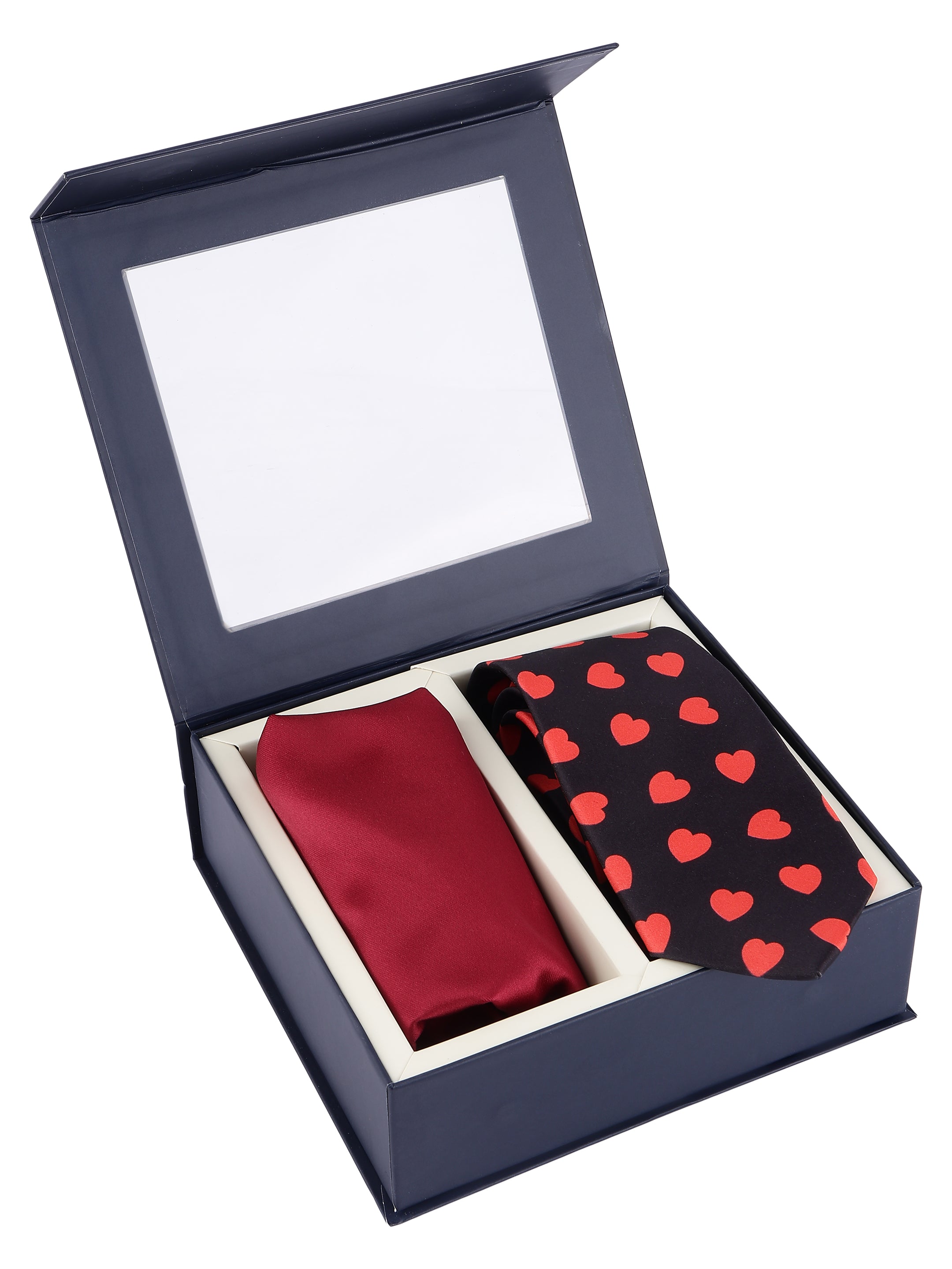 Black & Red Heart Necktie with Pocket Square Valentine Gift Set