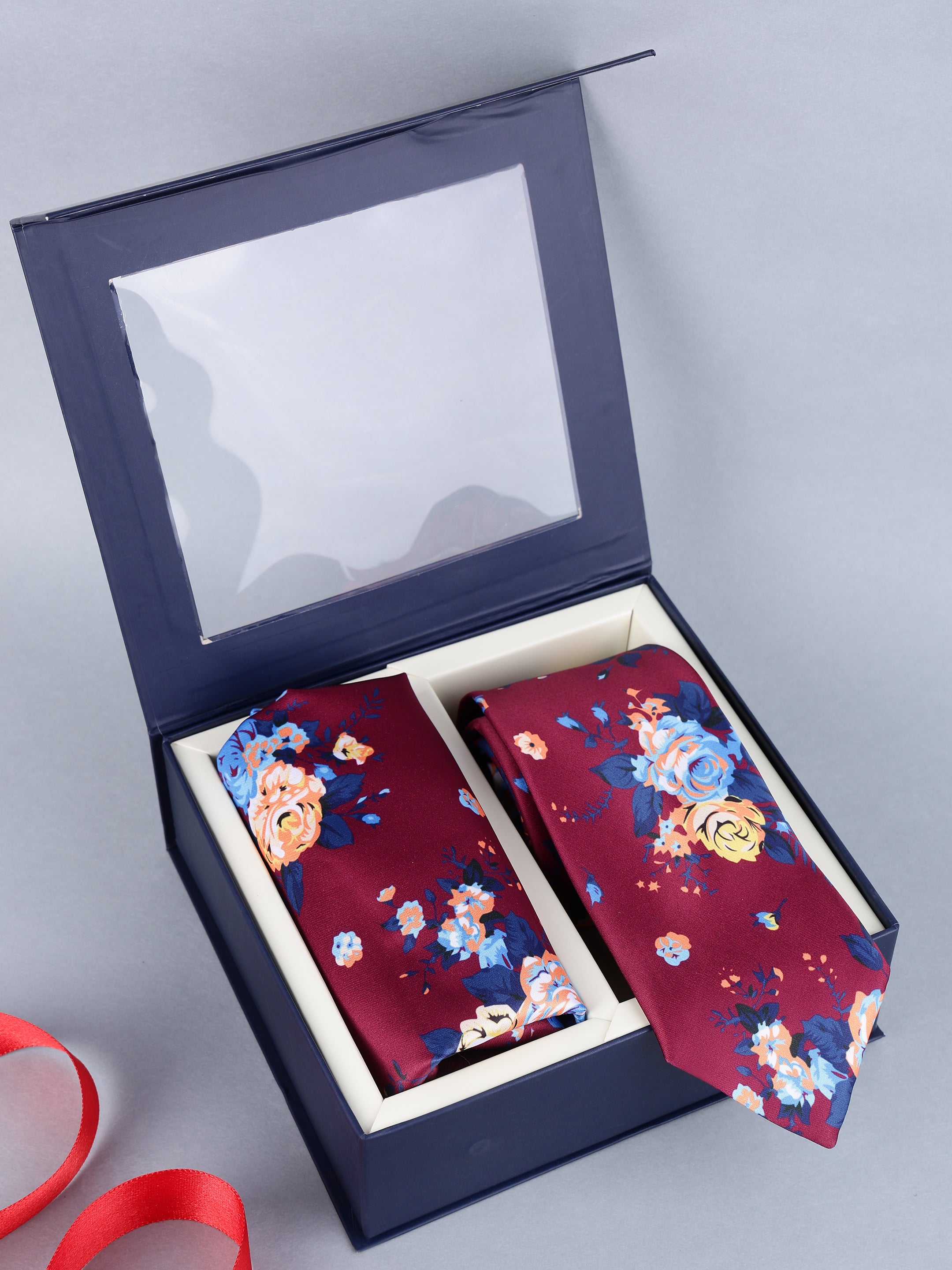 Burgundy & Blue Floral Necktie & Pocket Square Gift Set