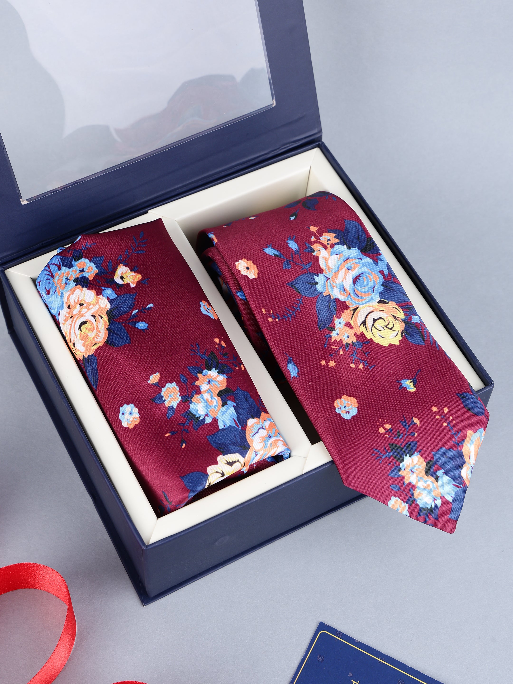 Burgundy & Blue Floral Necktie & Pocket Square Gift Set