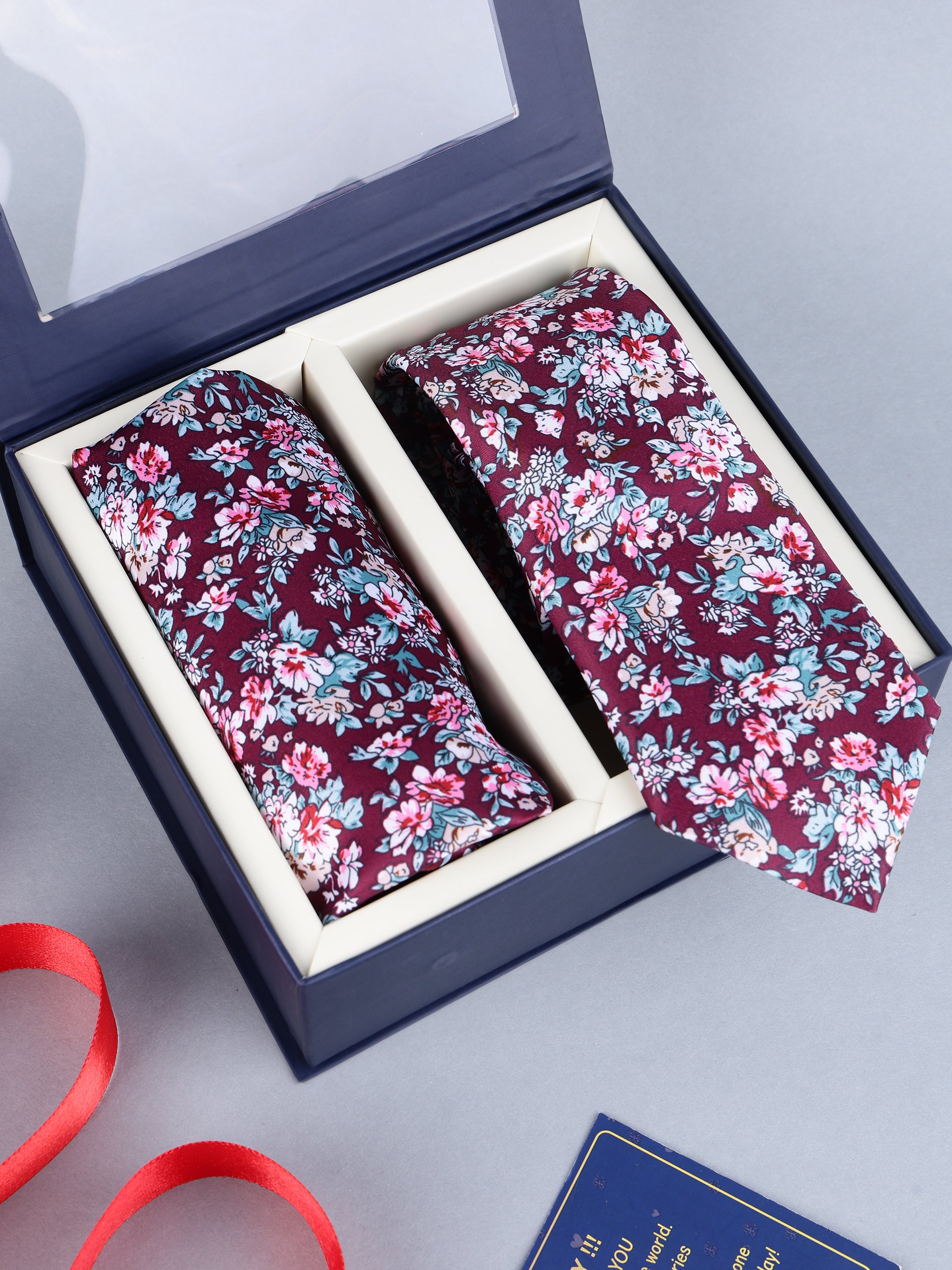 Wine Floral Necktie & Pocket Square Gift Set