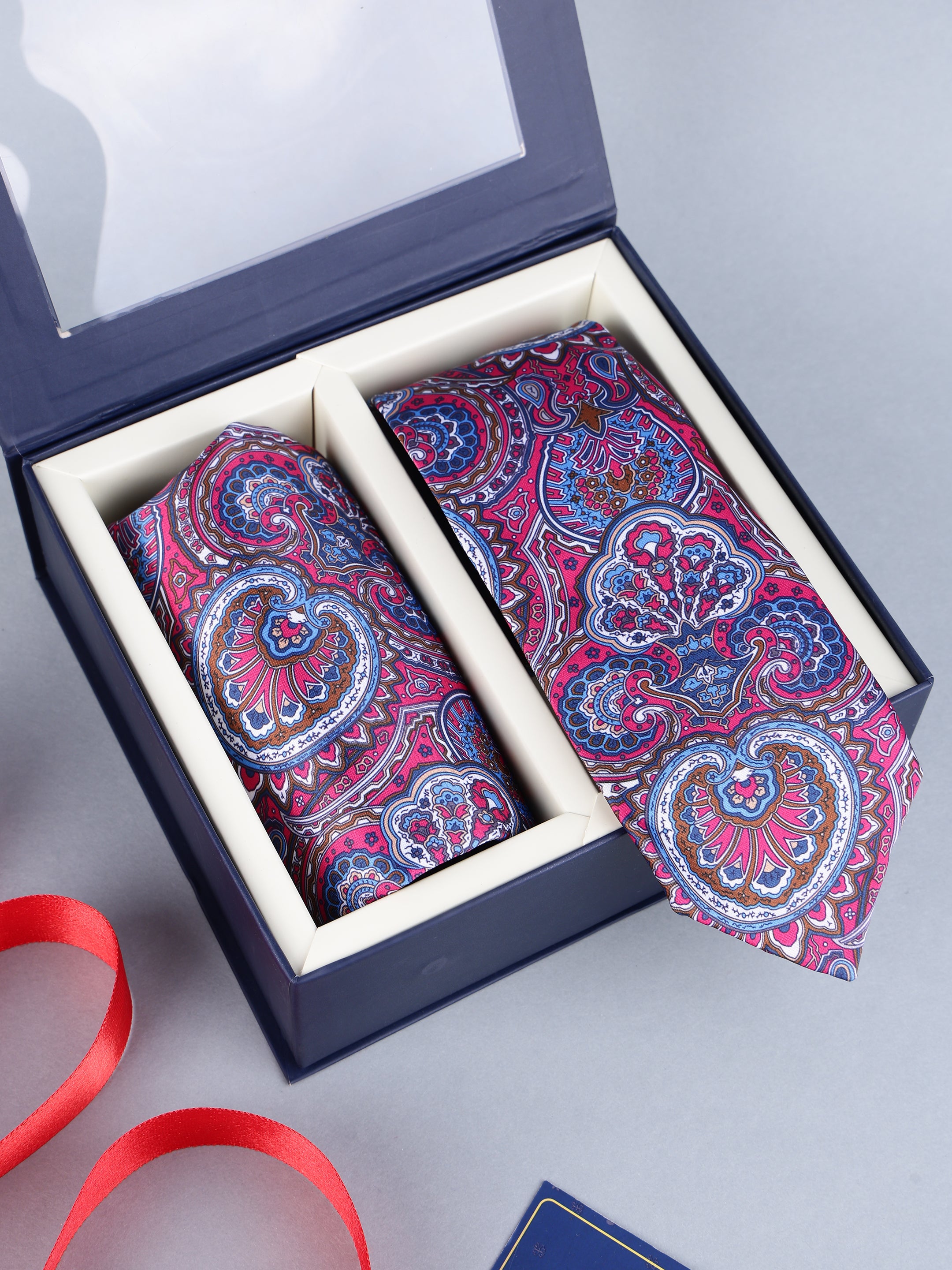 Magenta & Royal Blue Paisley Necktie & Pocket Square Gift Set