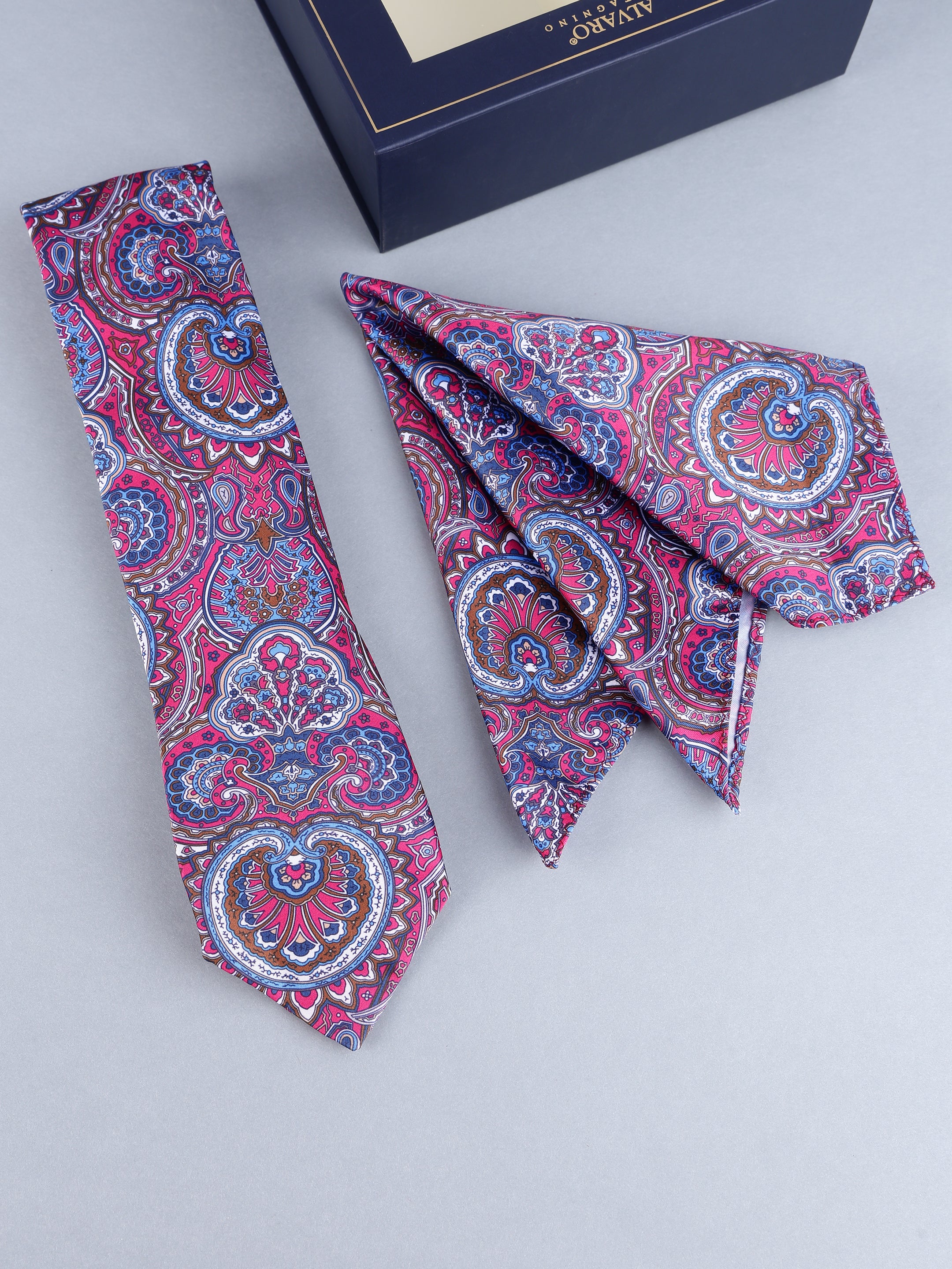 Magenta & Royal Blue Paisley Necktie & Pocket Square Gift Set