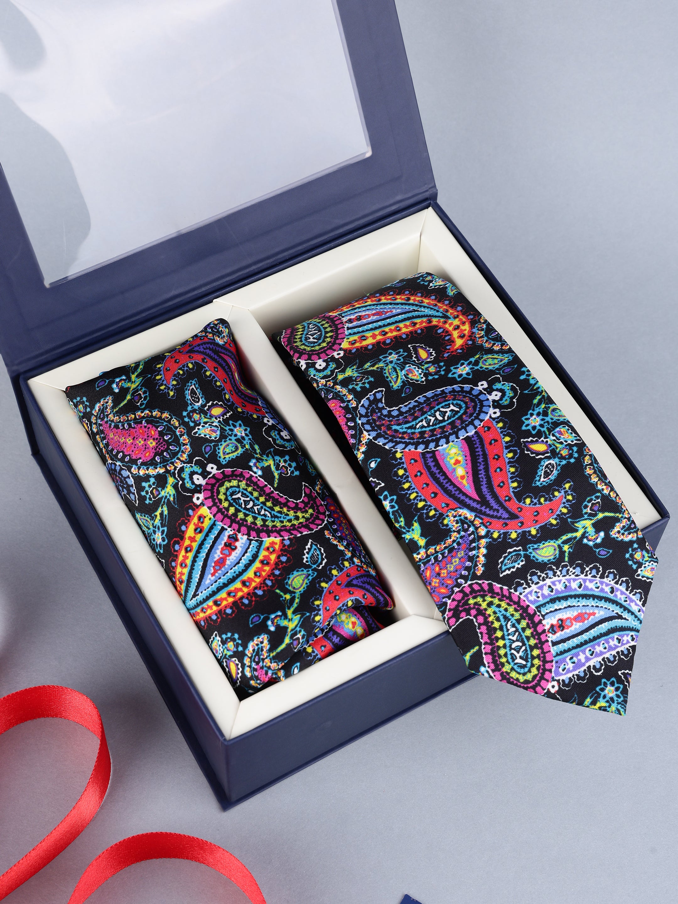 Black Vibrant Paisley Necktie & Pocket Square Gift Set