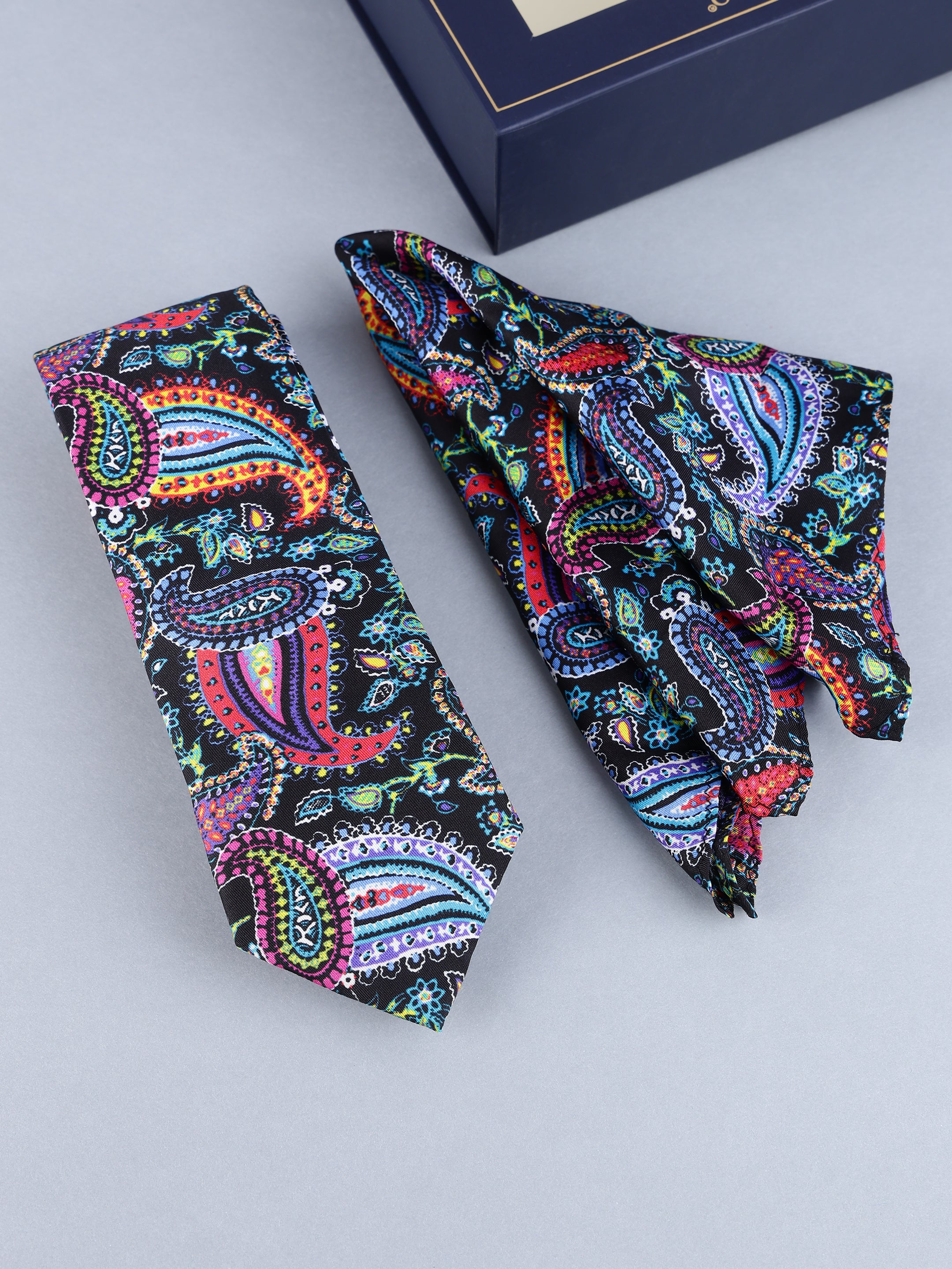 Black Vibrant Paisley Necktie & Pocket Square Gift Set