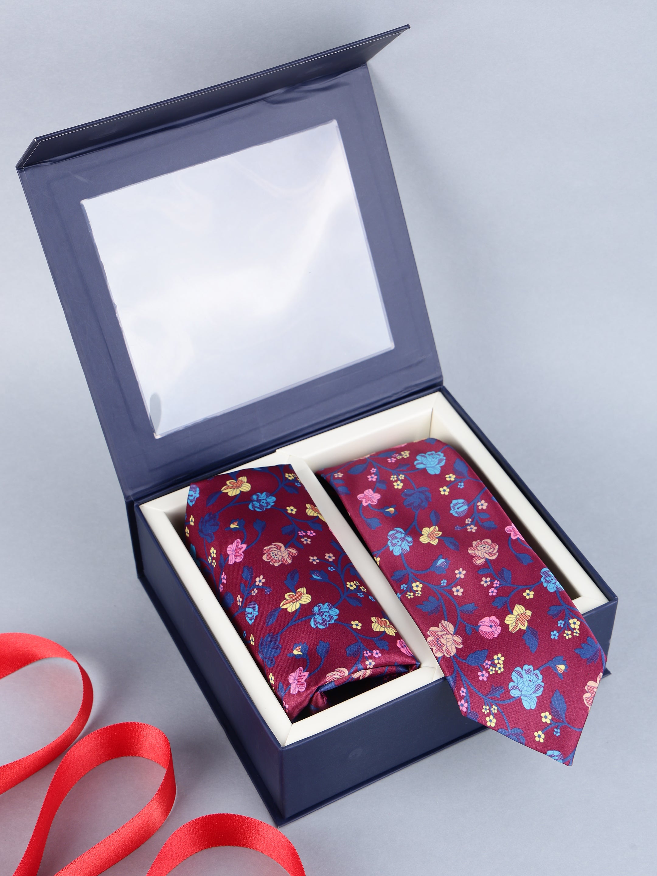 Maroon Floral Vine Necktie & Pocket Square Gift Set