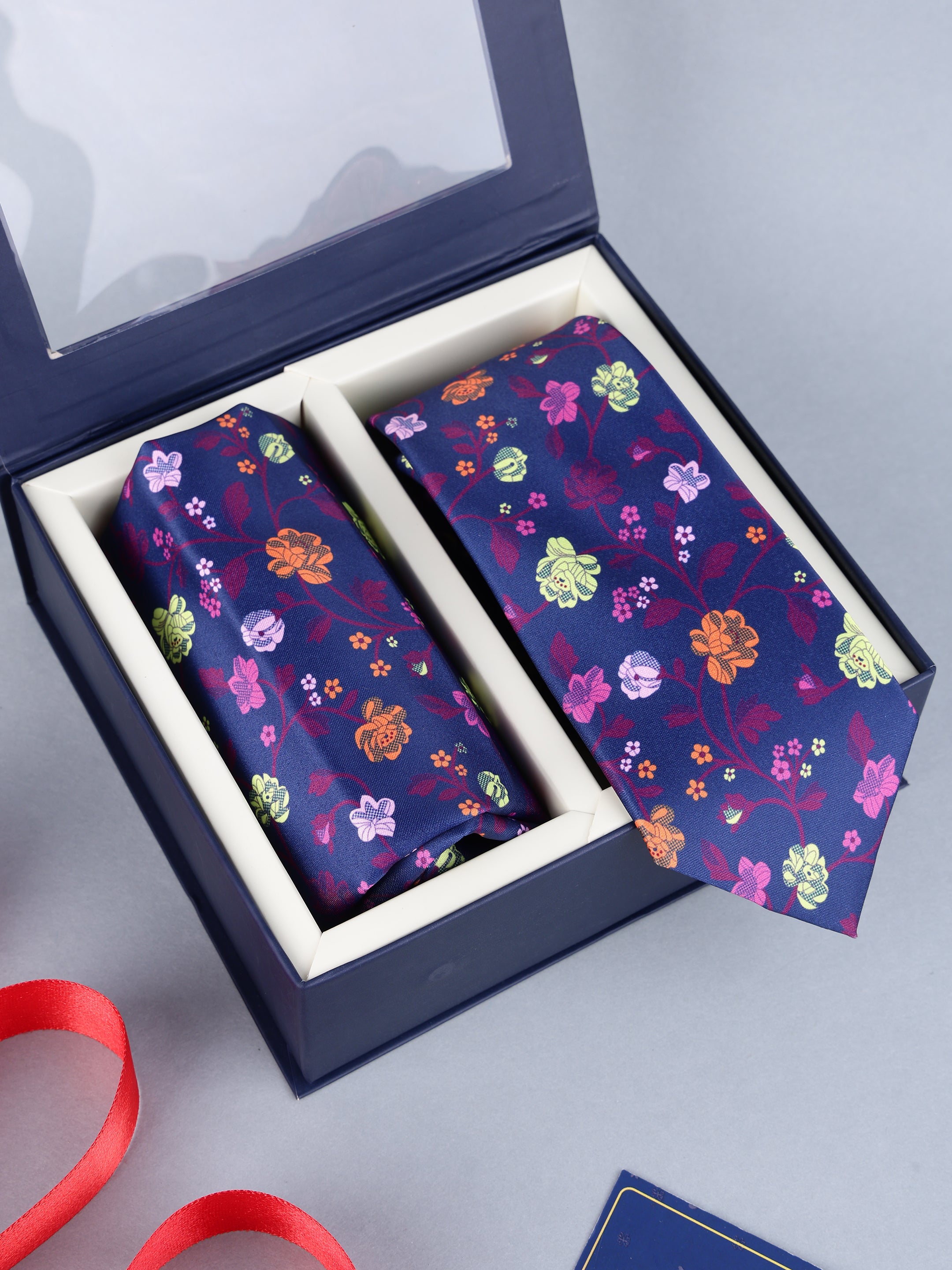 Navy Vibrant Floral Vine Necktie & Pocket Square Gift Set