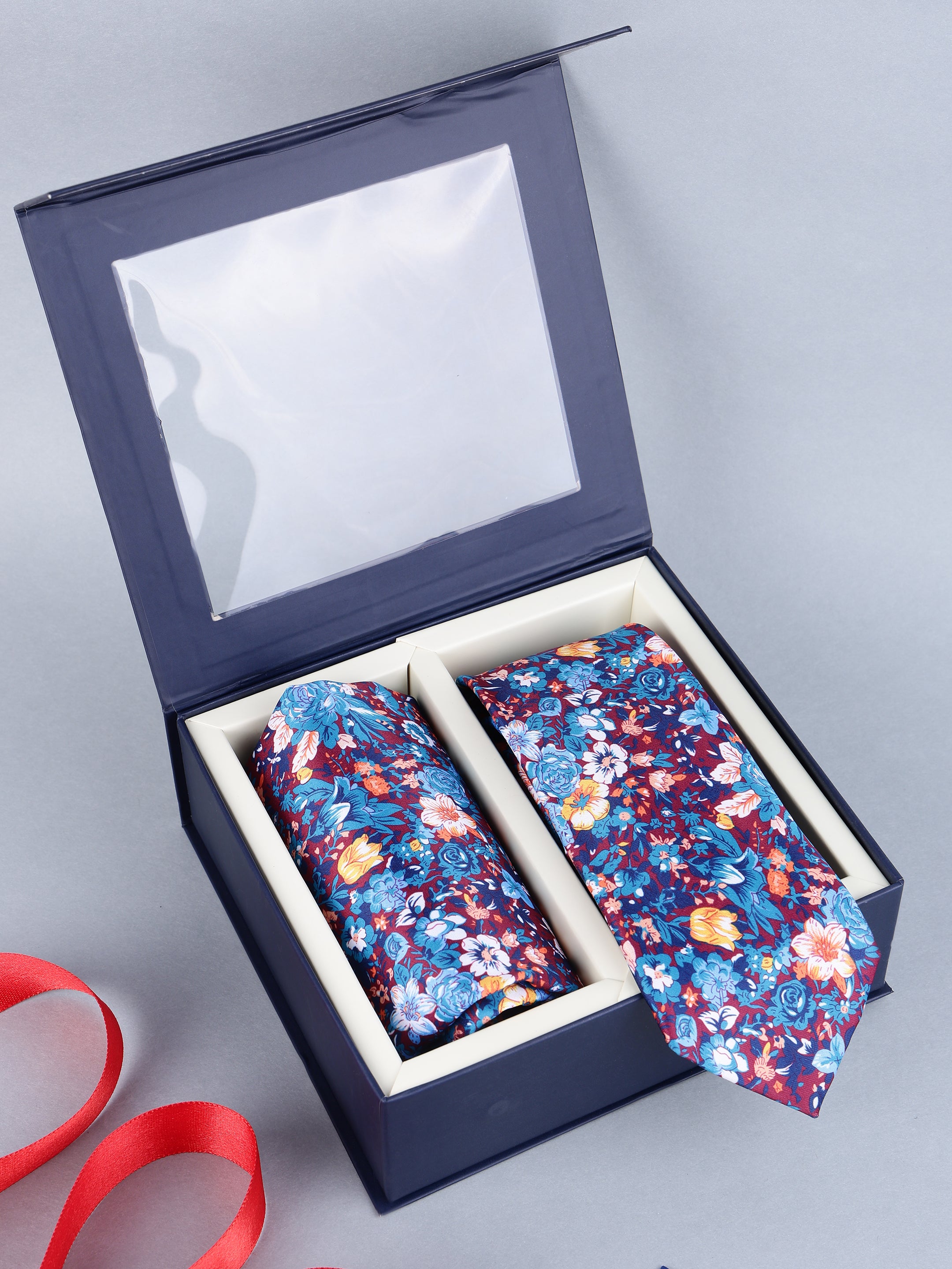Wine & Blue Floral Tie & Pocket Square Set