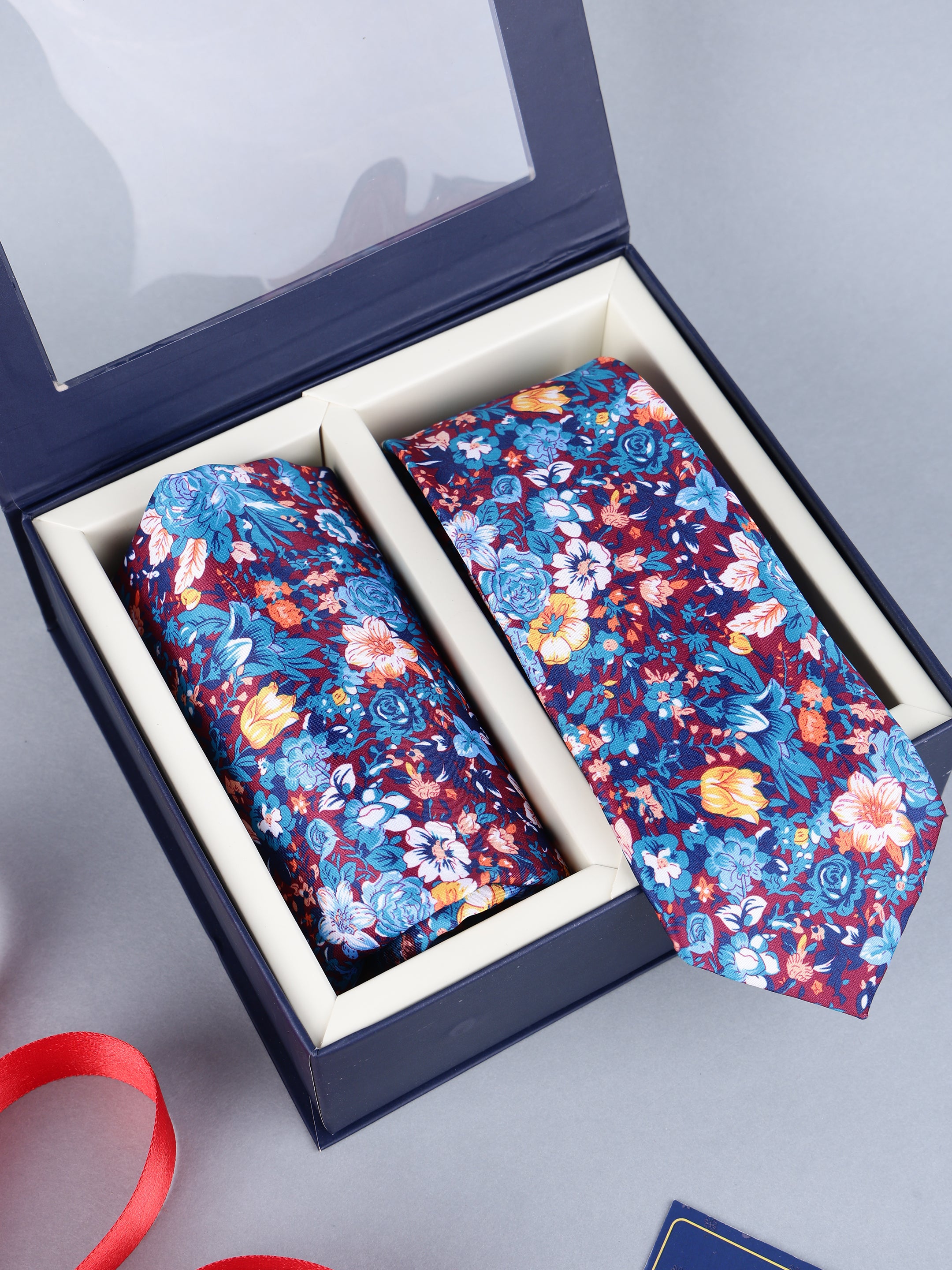 Wine & Blue Floral Tie & Pocket Square Set
