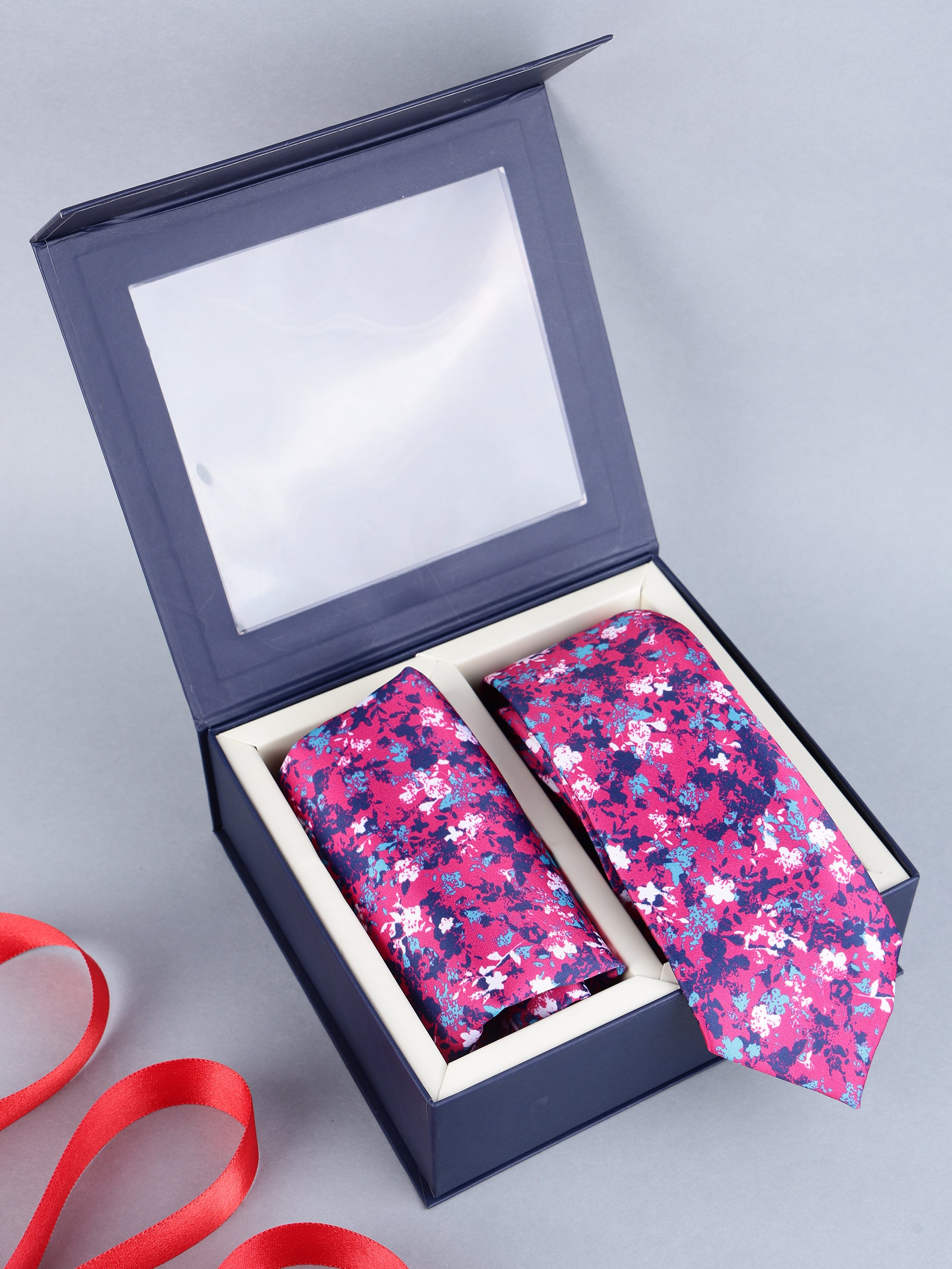 Magenta & Navy Abstract Floral Tie & Pocket Square Set