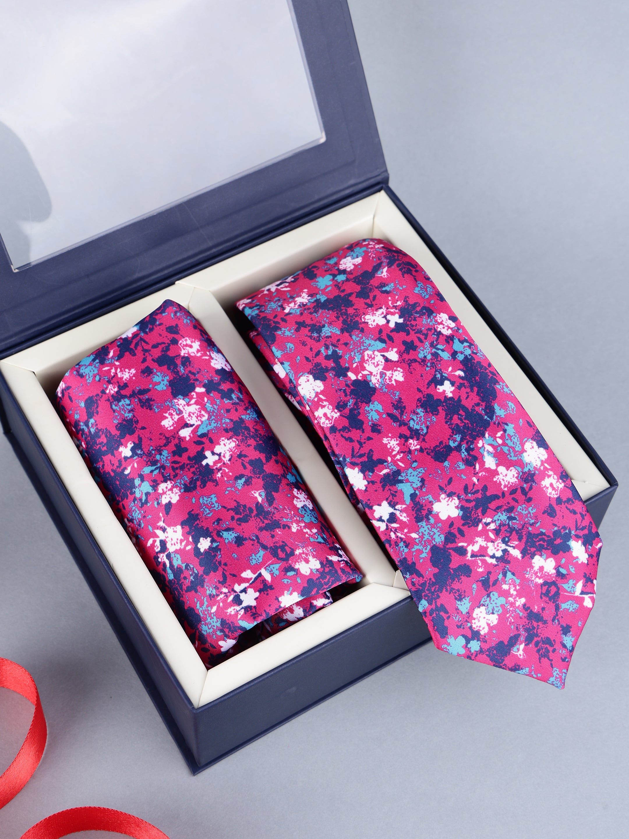 Magenta & Navy Abstract Floral Tie & Pocket Square Set