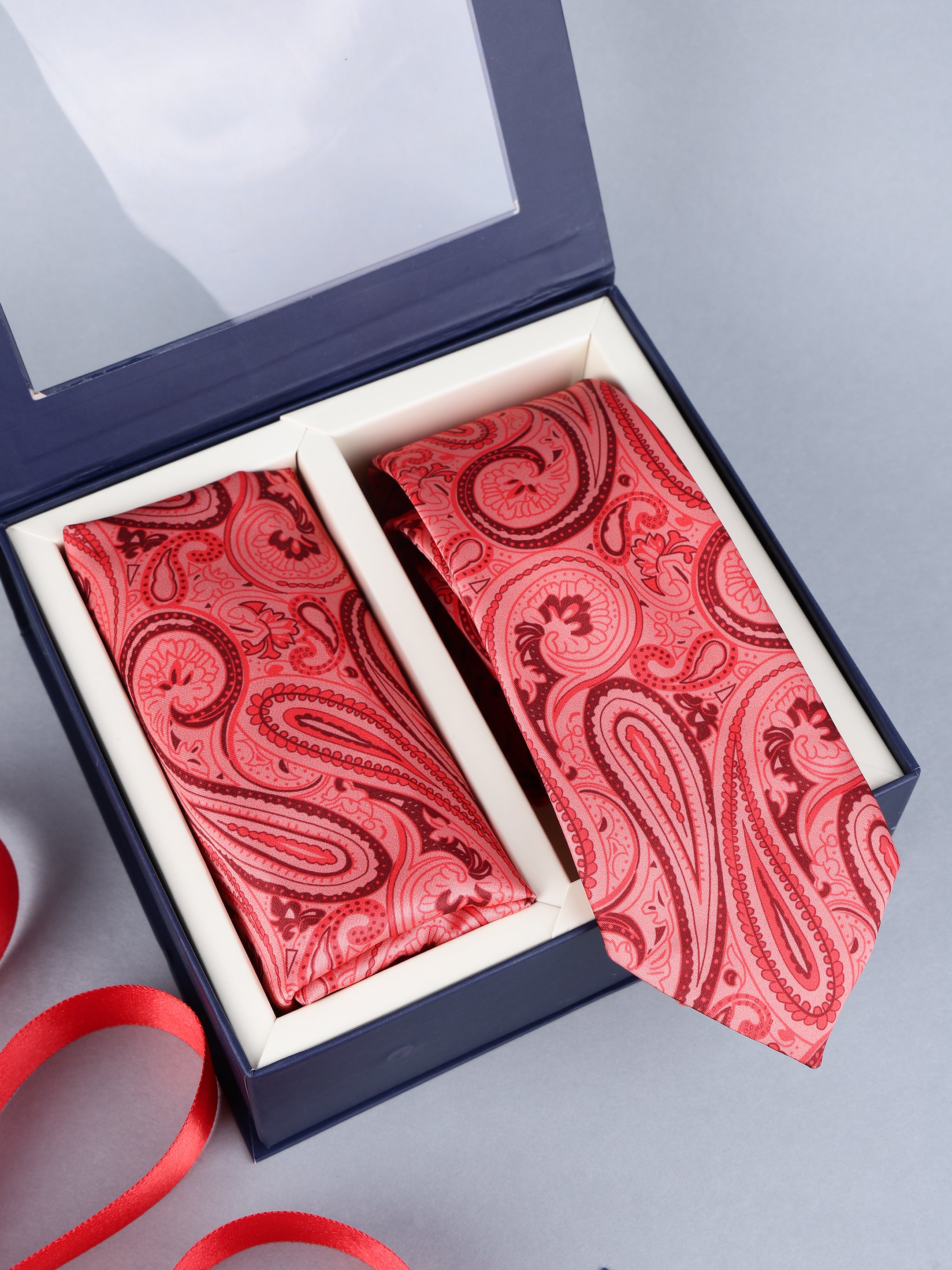Coral Red & Burgundy Paisley Tie & Pocket Square Set