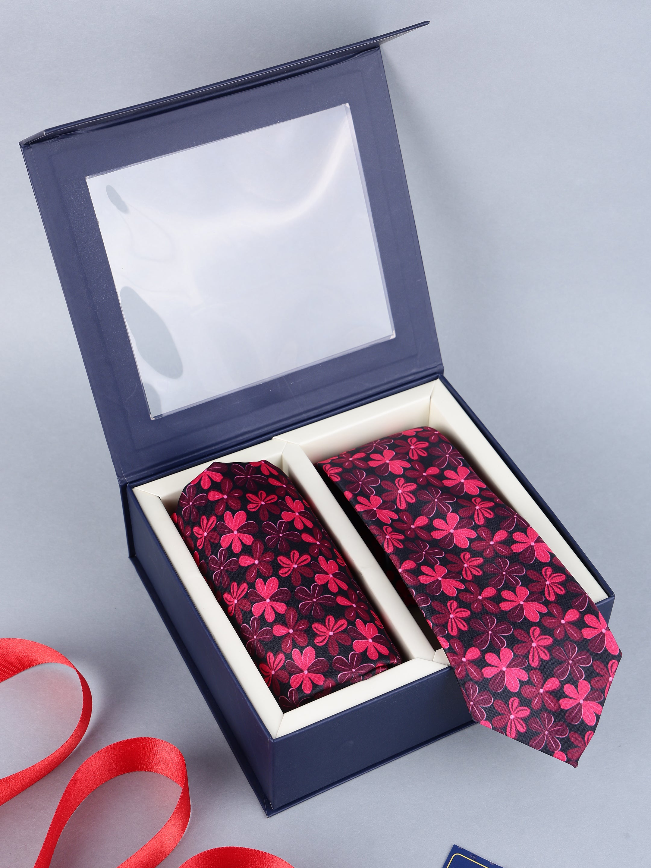 Magenta & Black Floral Necktie & Pocket Square Gift Set