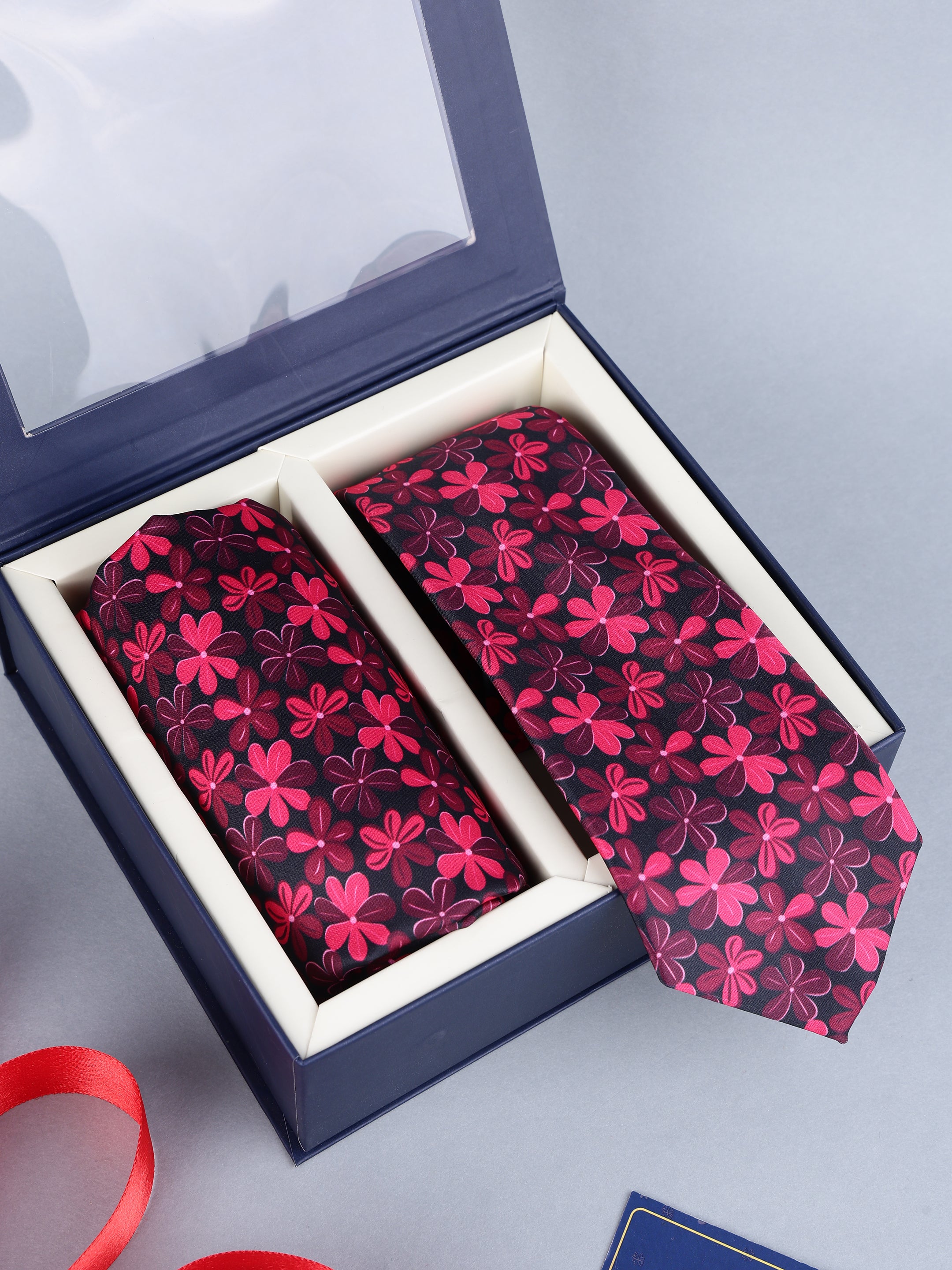 Magenta & Black Floral Necktie & Pocket Square Gift Set