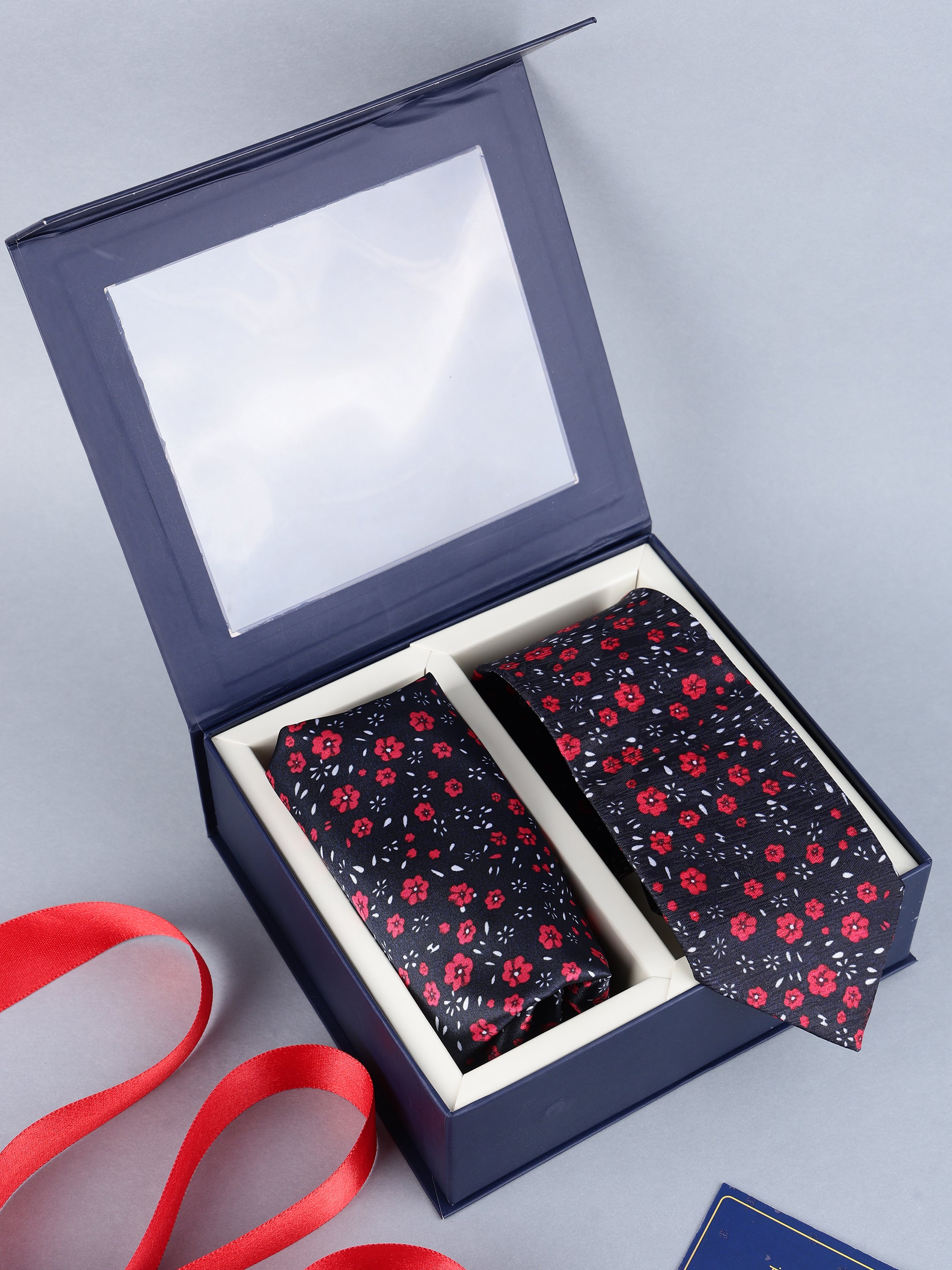 Black & Red Floral Necktie & Pocket Square Set
