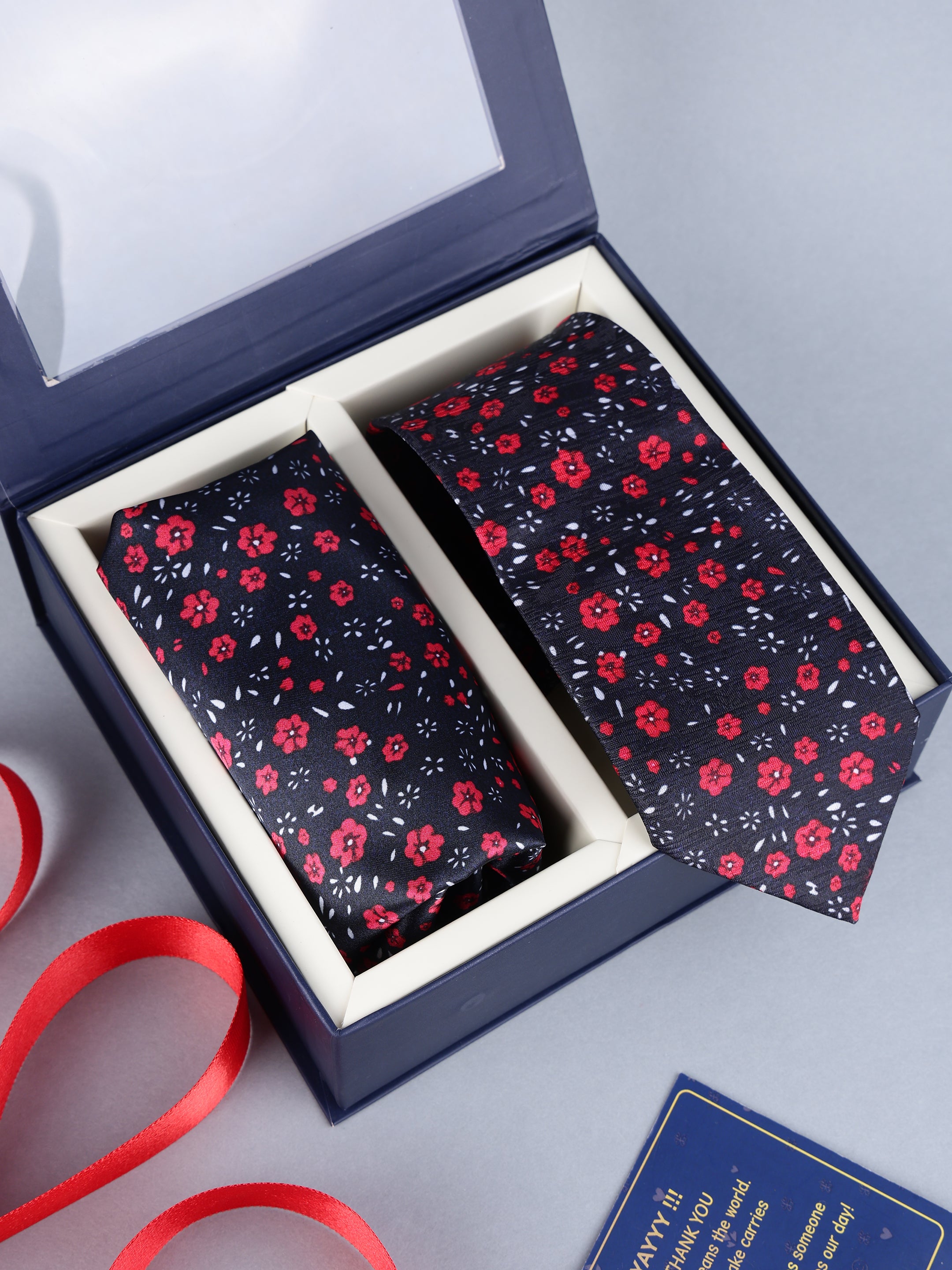 Black & Red Floral Necktie & Pocket Square Set