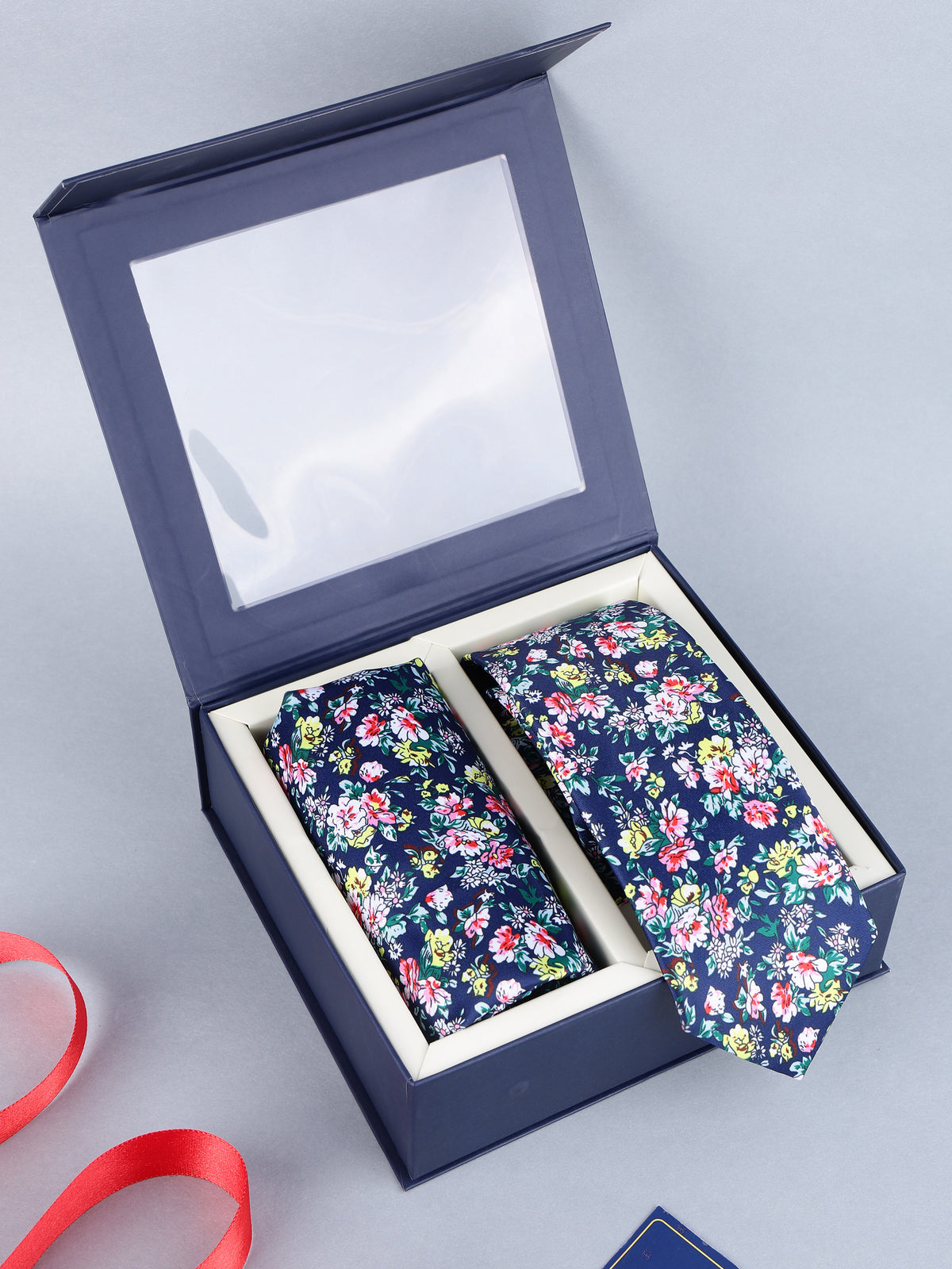 Navy Multicolor Floral Necktie & Pocket Square Set