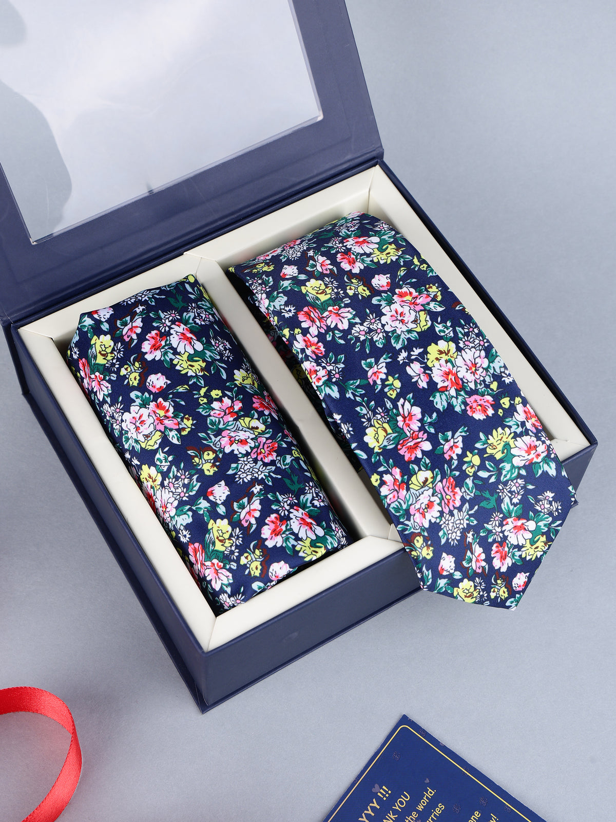 Navy Multicolor Floral Necktie & Pocket Square Set