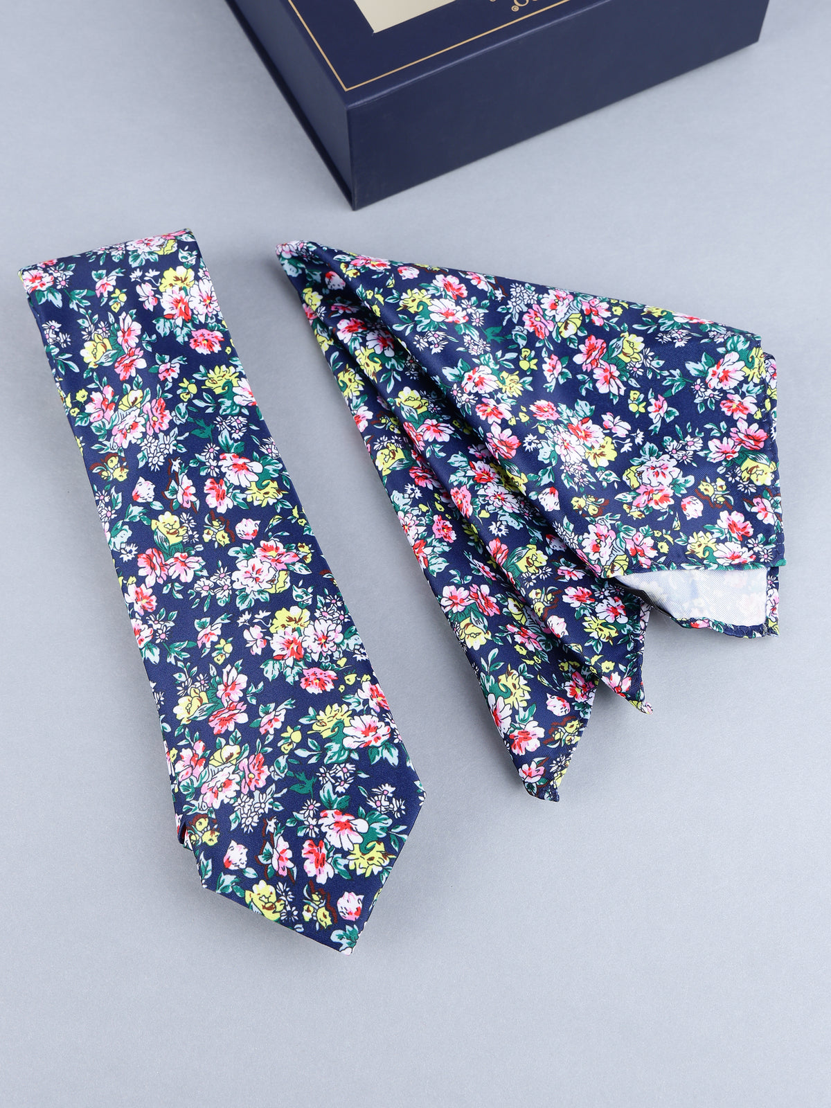 Navy Multicolor Floral Necktie & Pocket Square Set