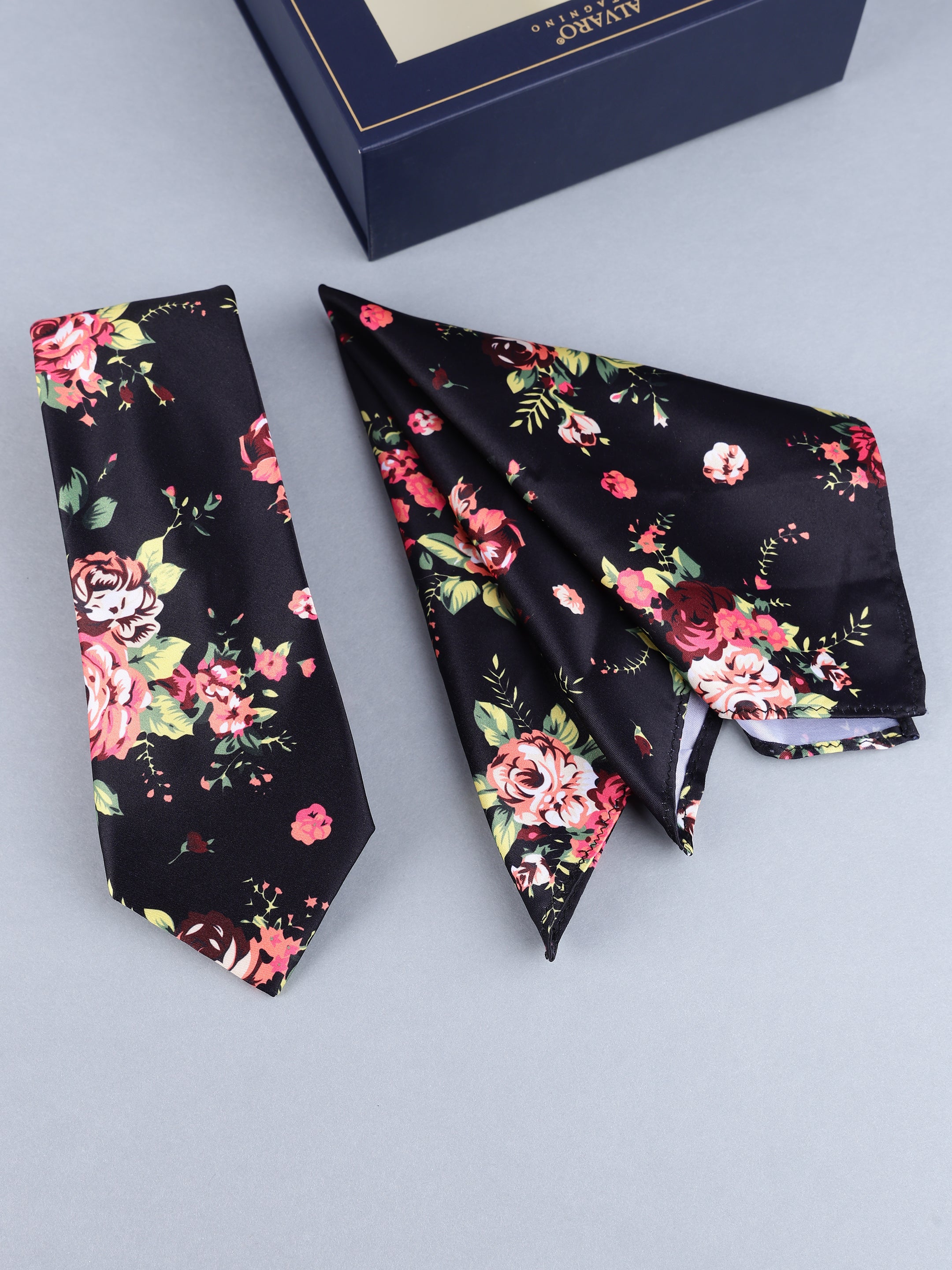 Black Vintage Rose Necktie & Pocket Square Set