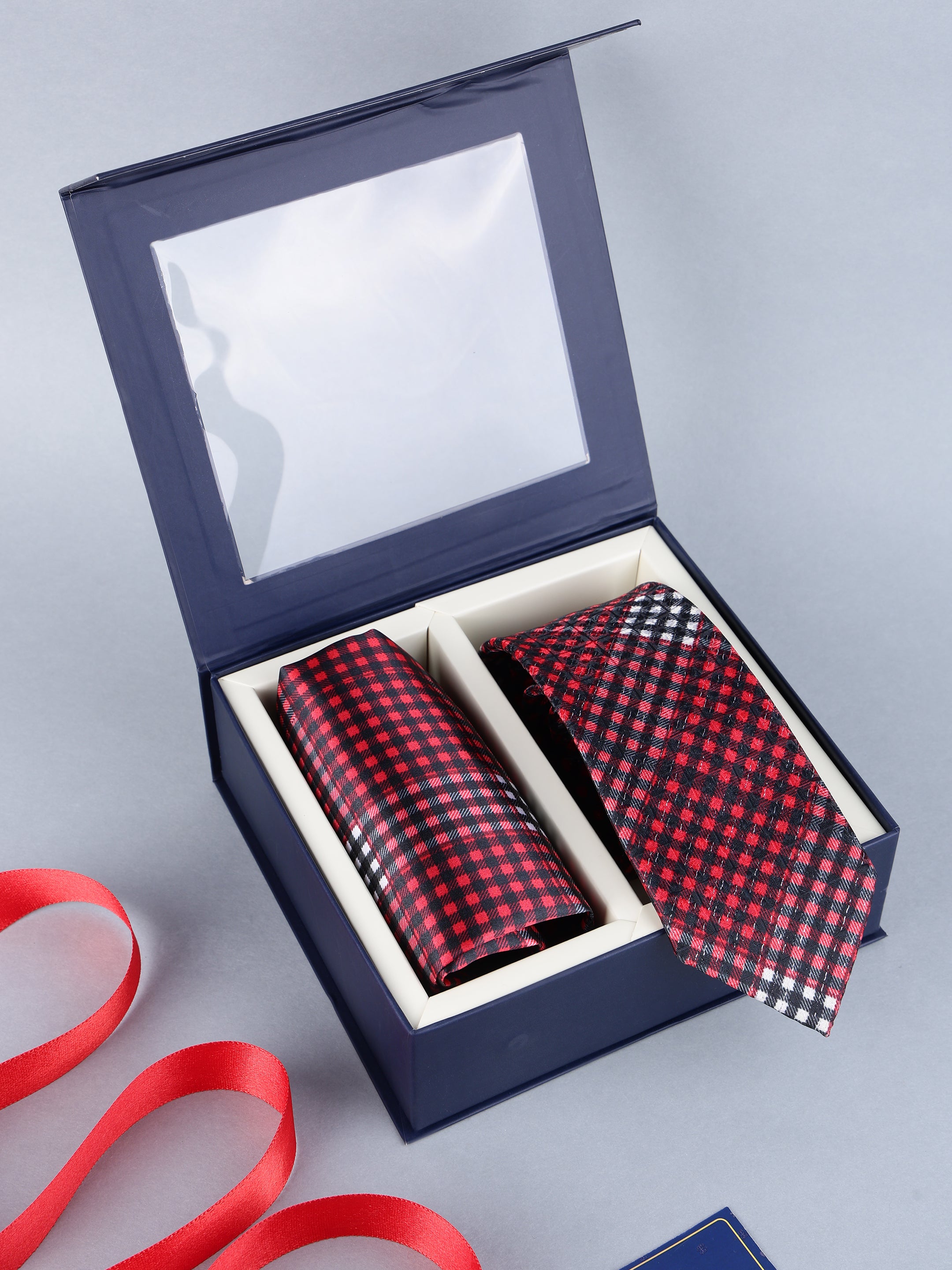 Red & Black Checked Necktie & Pocket Square Gift Set