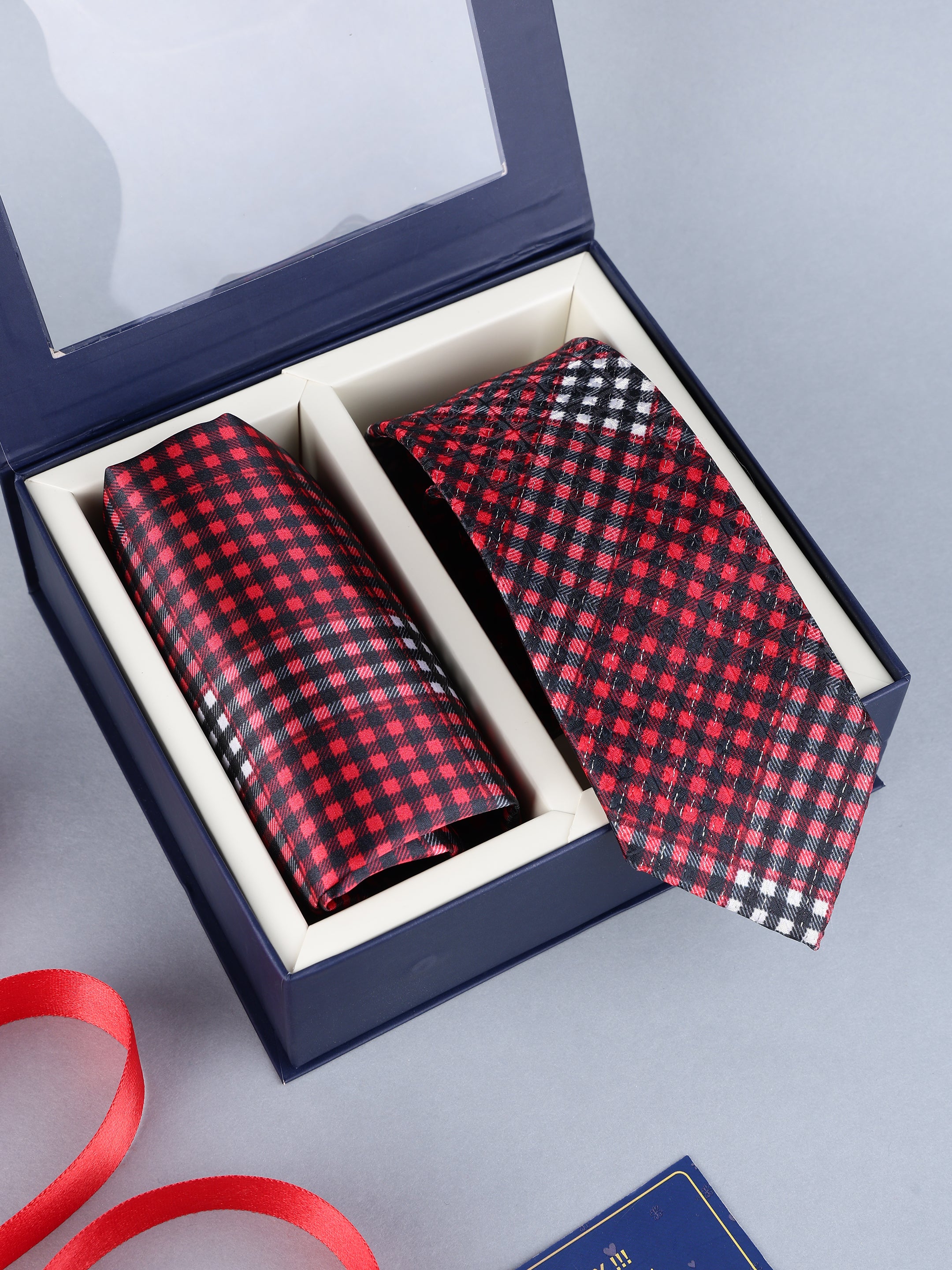 Red & Black Checked Necktie & Pocket Square Gift Set