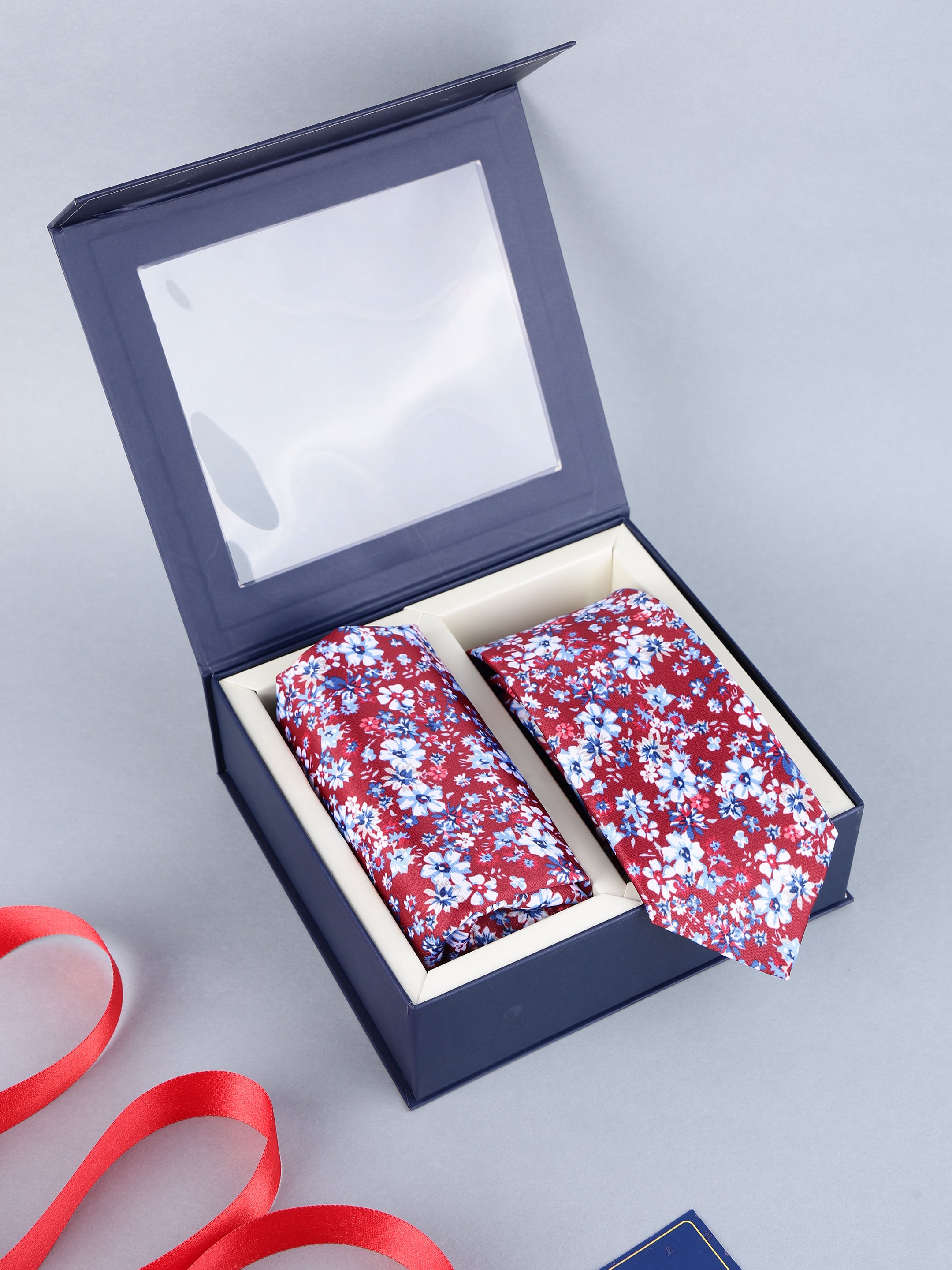 Maroon & Blue Floral Necktie & Pocket Square Gift Set