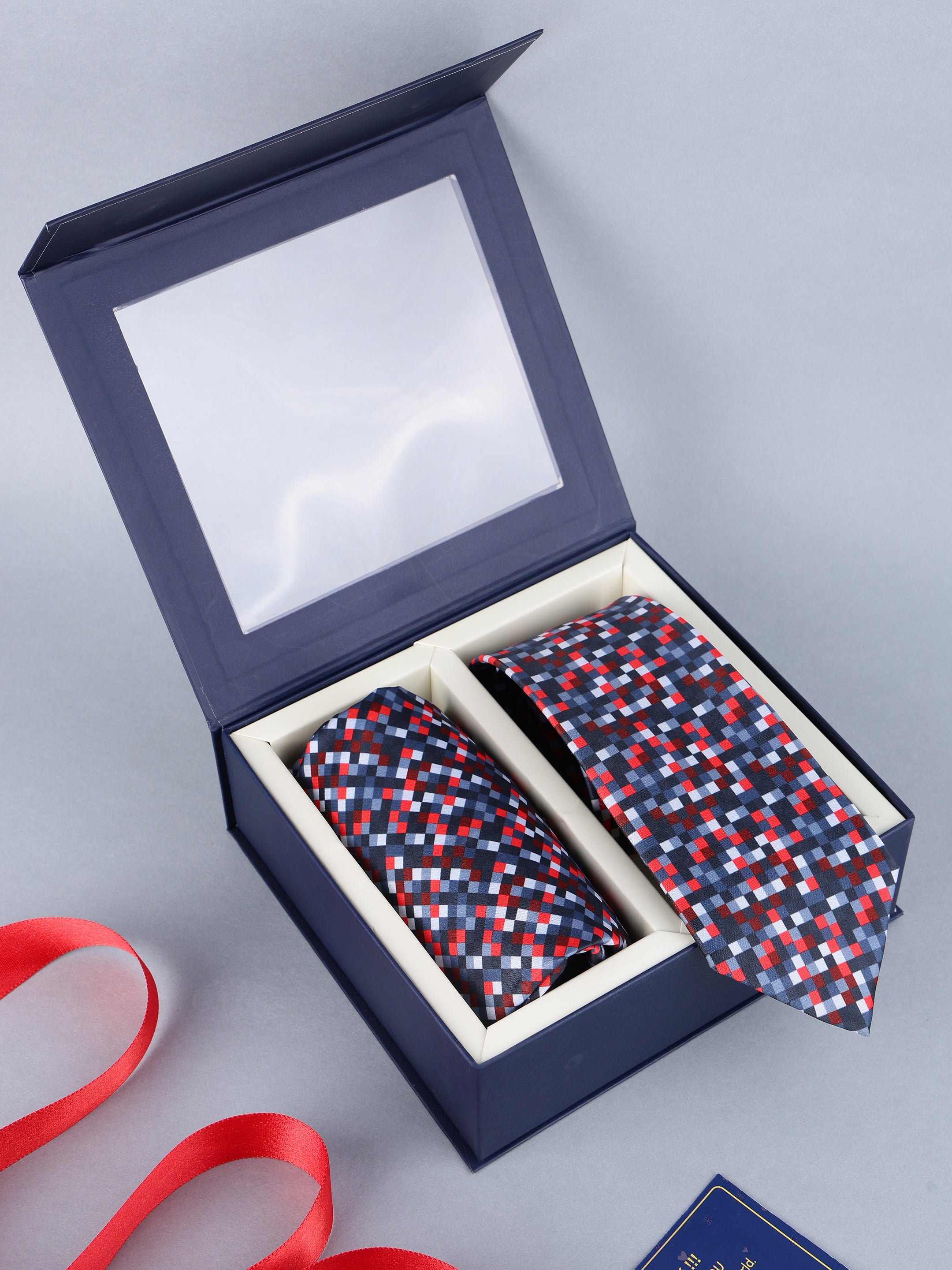 Red & Navy Pixel Mosaic Necktie & Pocket Square Gift Set