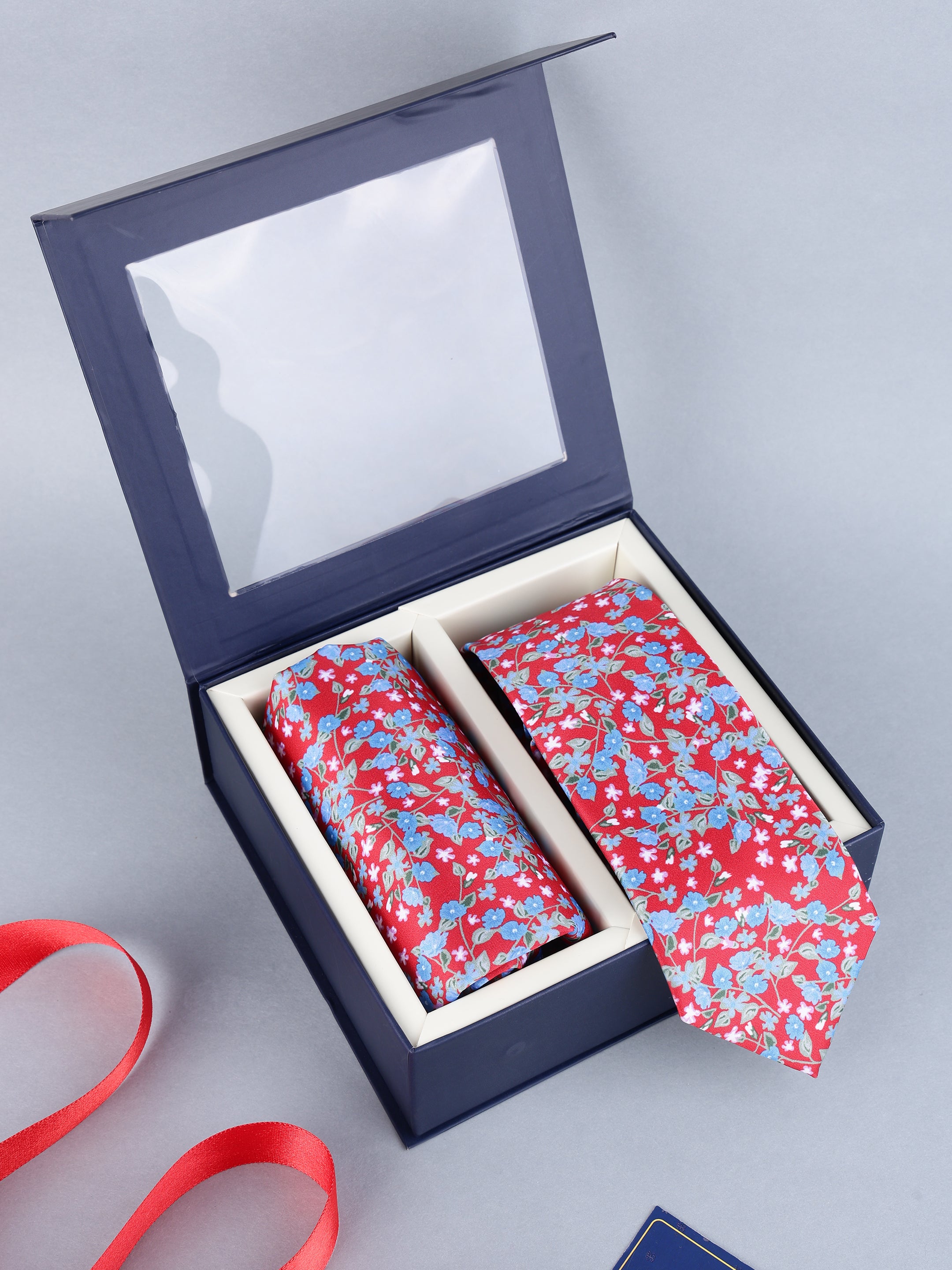 Red & Blue Floral Necktie & Pocket Square Gift Set