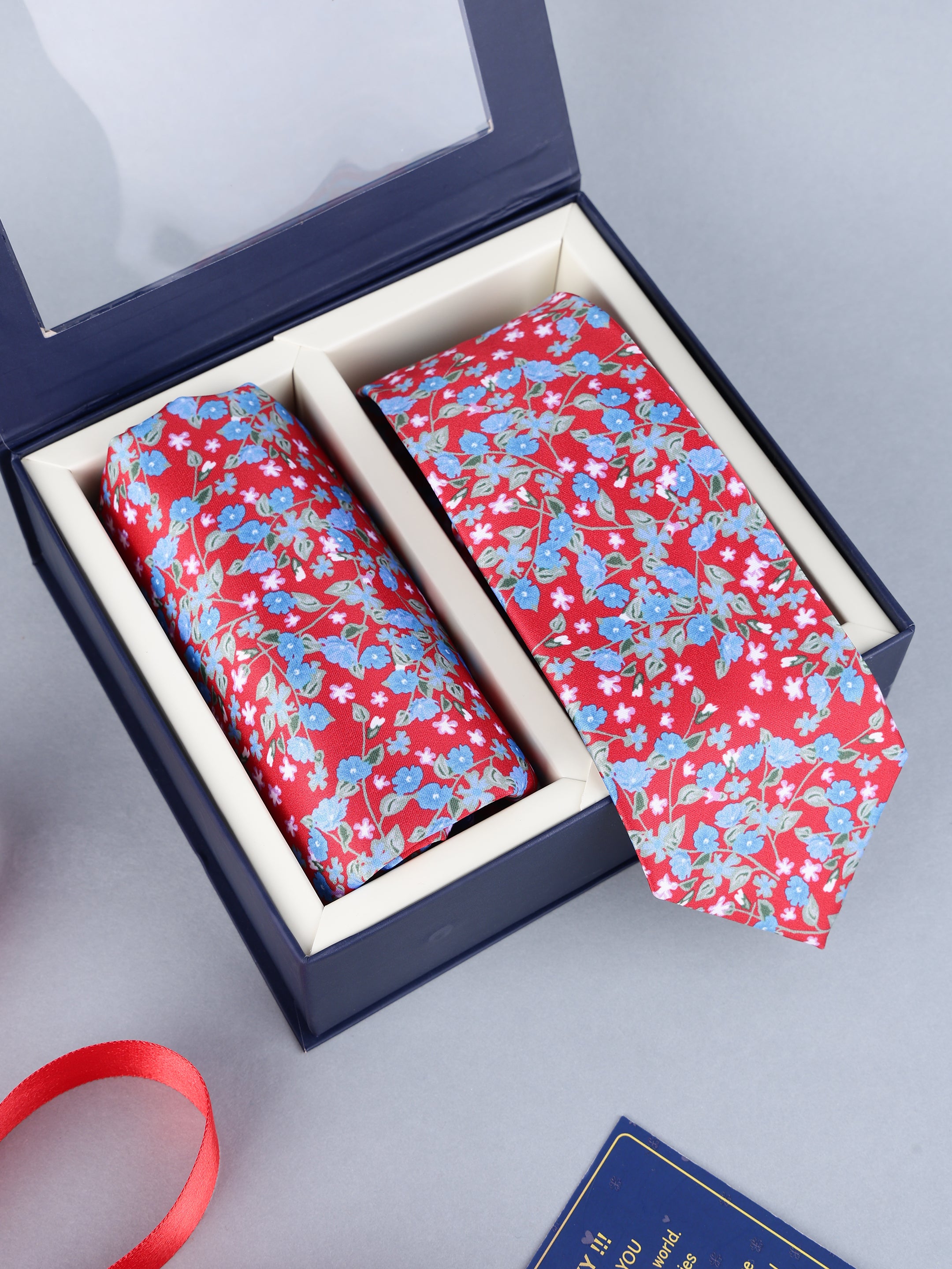 Red & Blue Floral Necktie & Pocket Square Gift Set