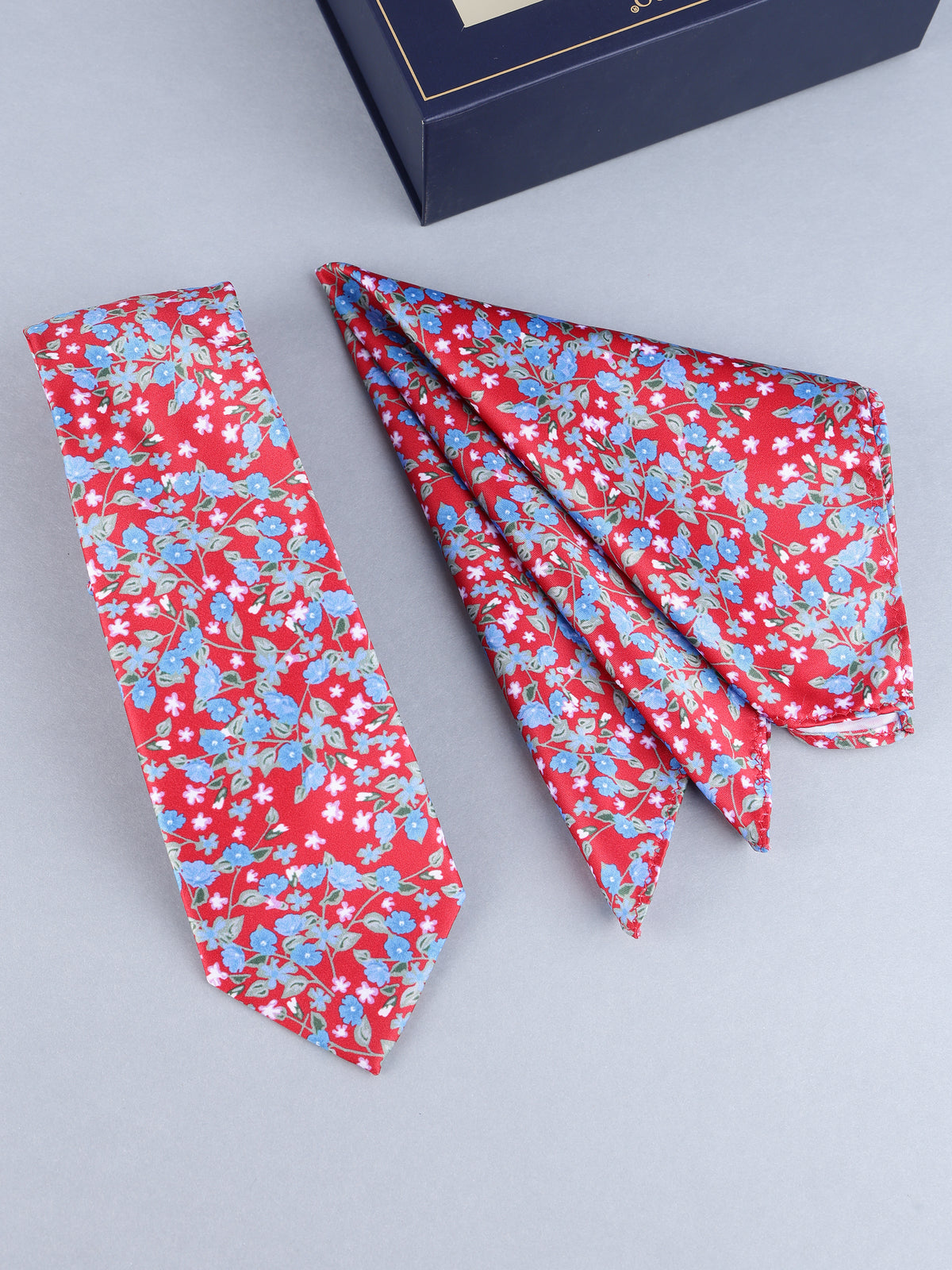 Red & Blue Floral Necktie & Pocket Square Gift Set