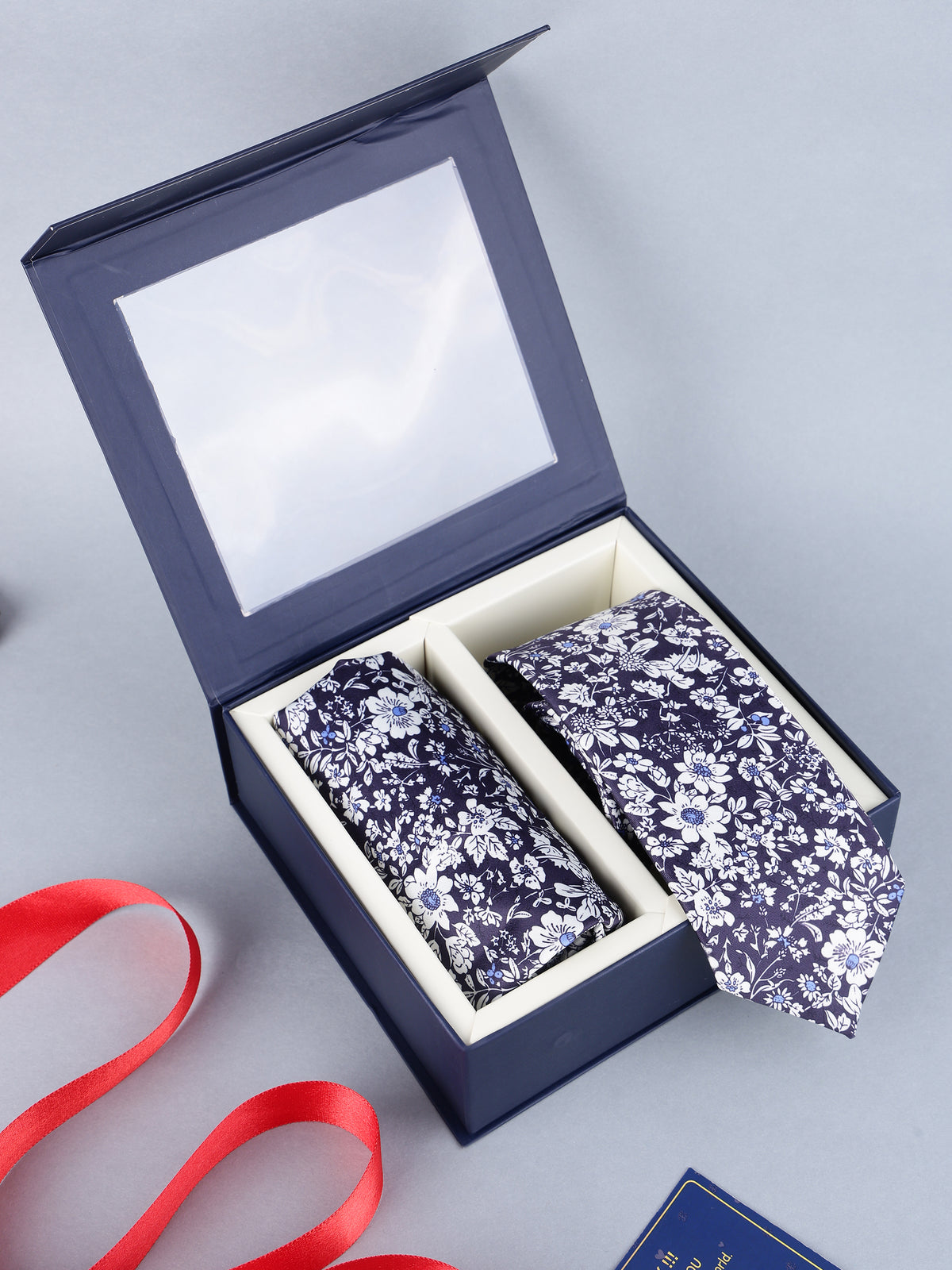Navy & White Floral Necktie & Pocket Square Set