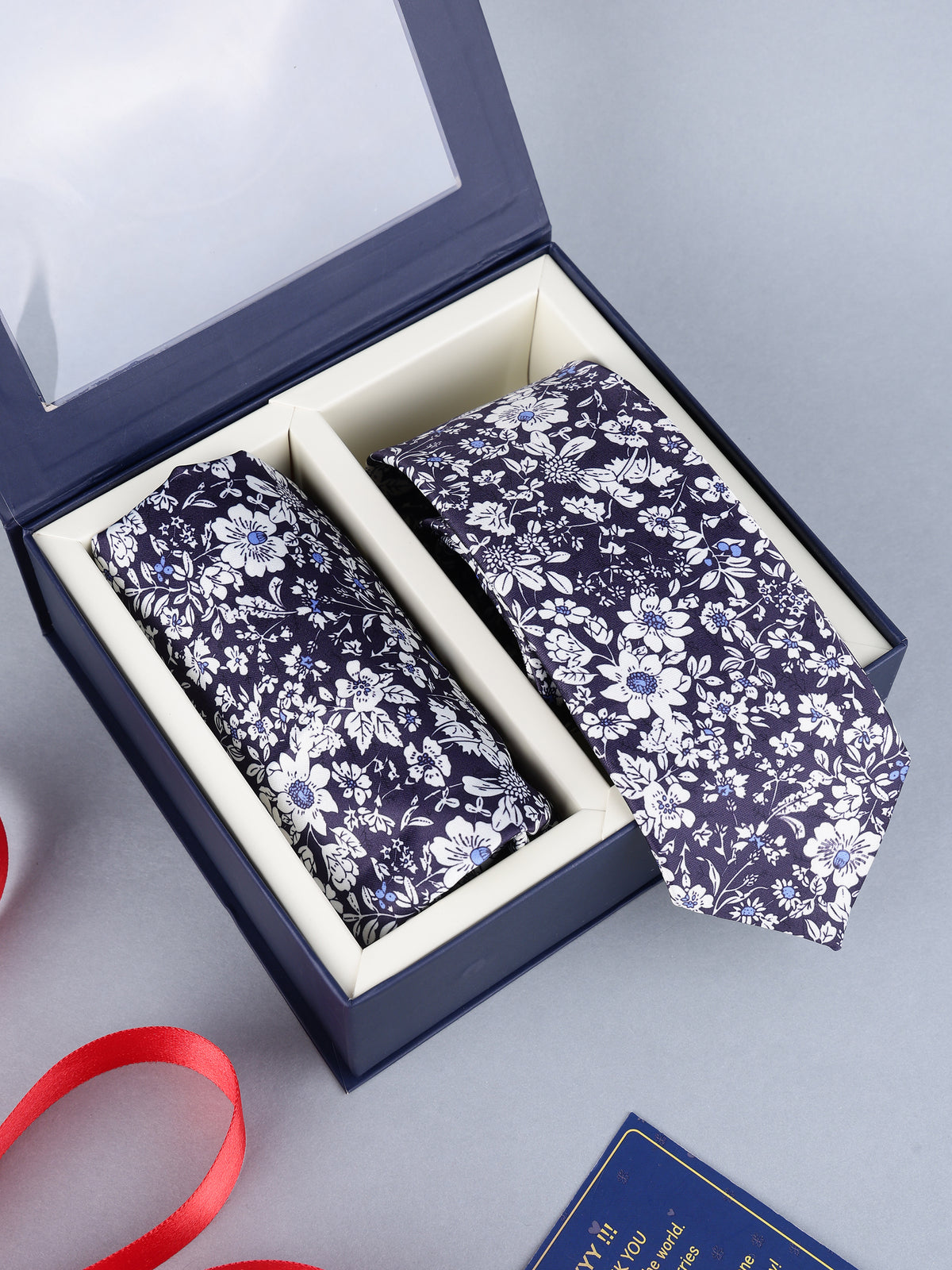 Navy & White Floral Necktie & Pocket Square Set