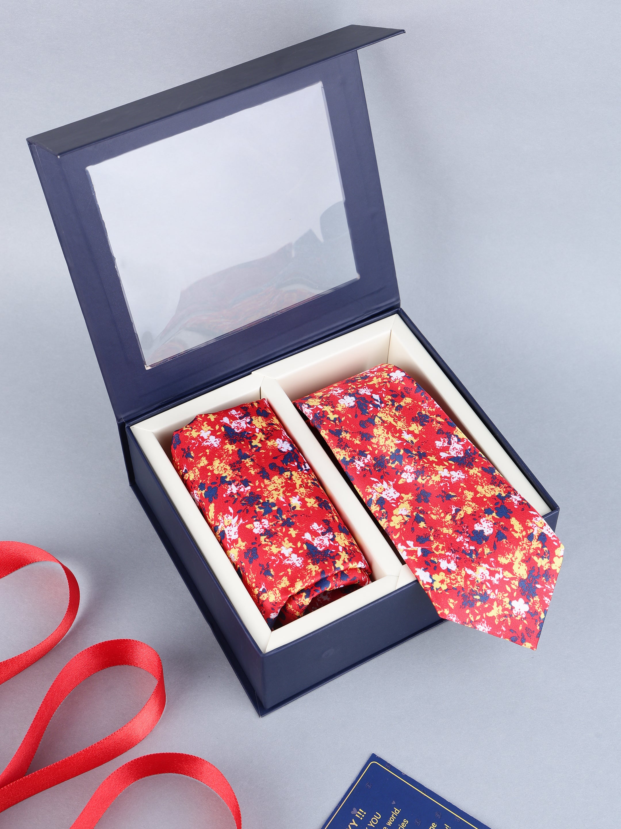 Red Abstract Floral Necktie & Pocket Square Set