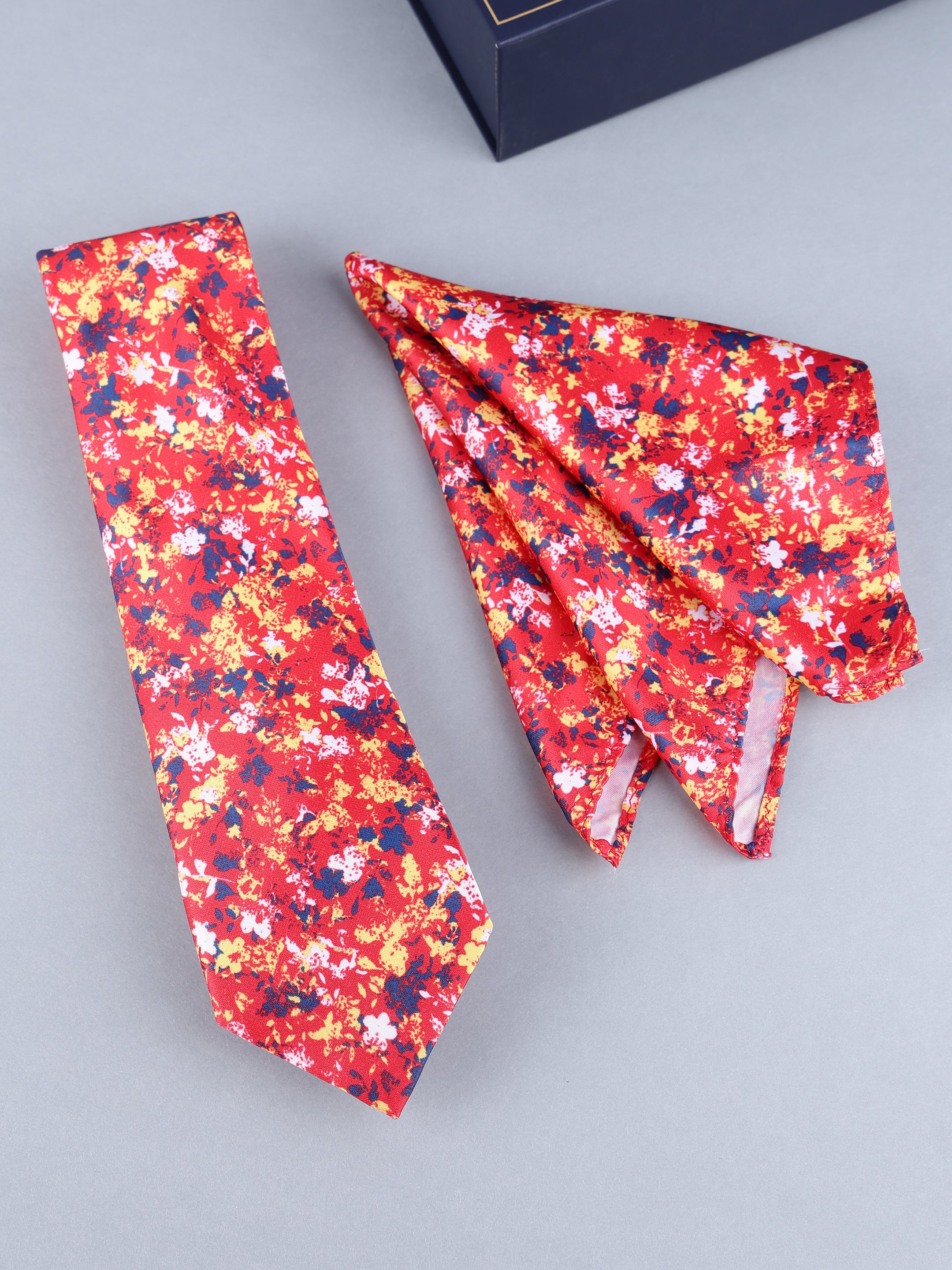 Red Abstract Floral Necktie & Pocket Square Set