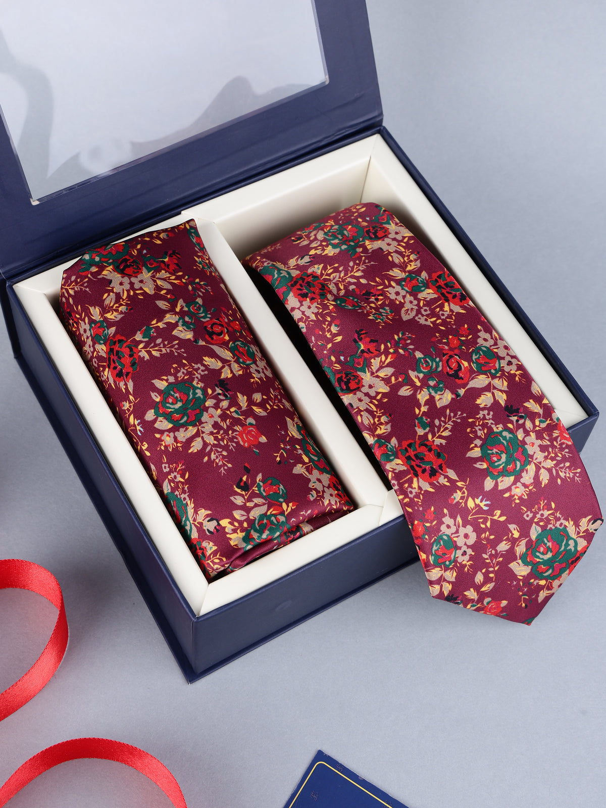 Maroon Tapestry Floral Necktie & Pocket Square Set