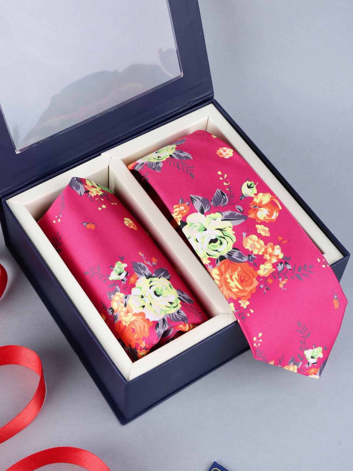 Fuchsia Rose Floral Necktie & Pocket Square Set