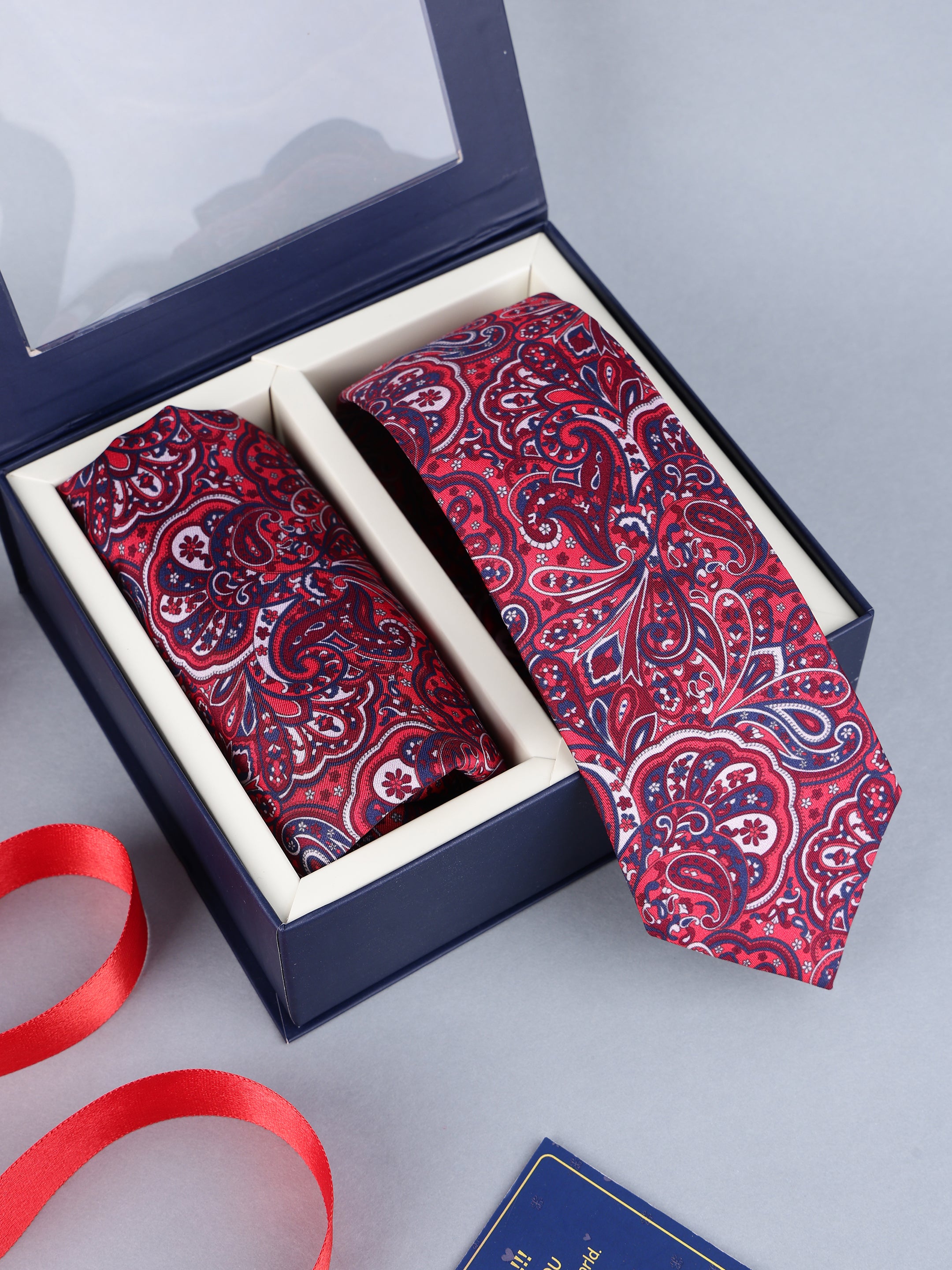 Red & Navy Swirl Paisley Necktie & Pocket Square Set