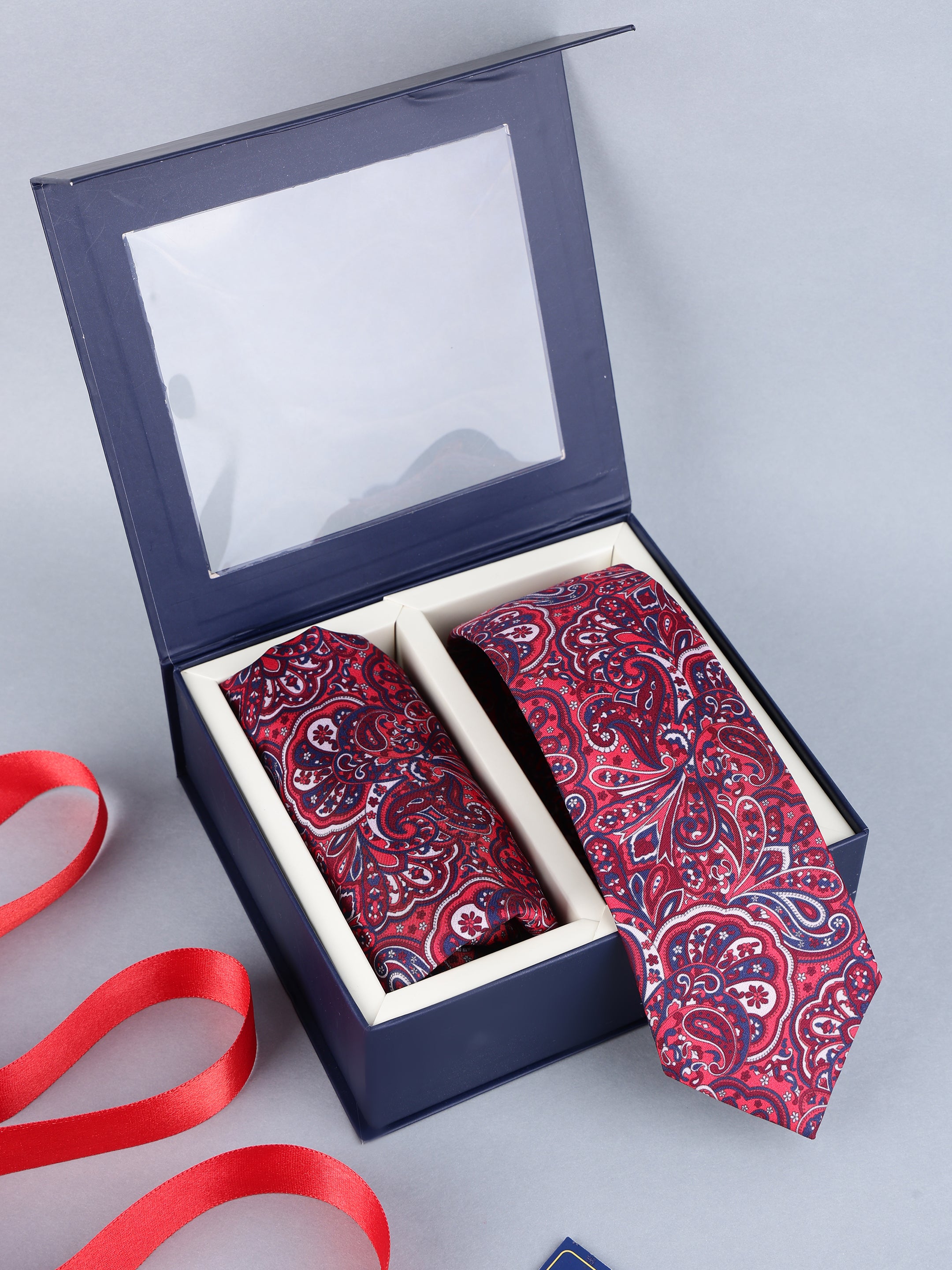 Red & Navy Swirl Paisley Necktie & Pocket Square Set